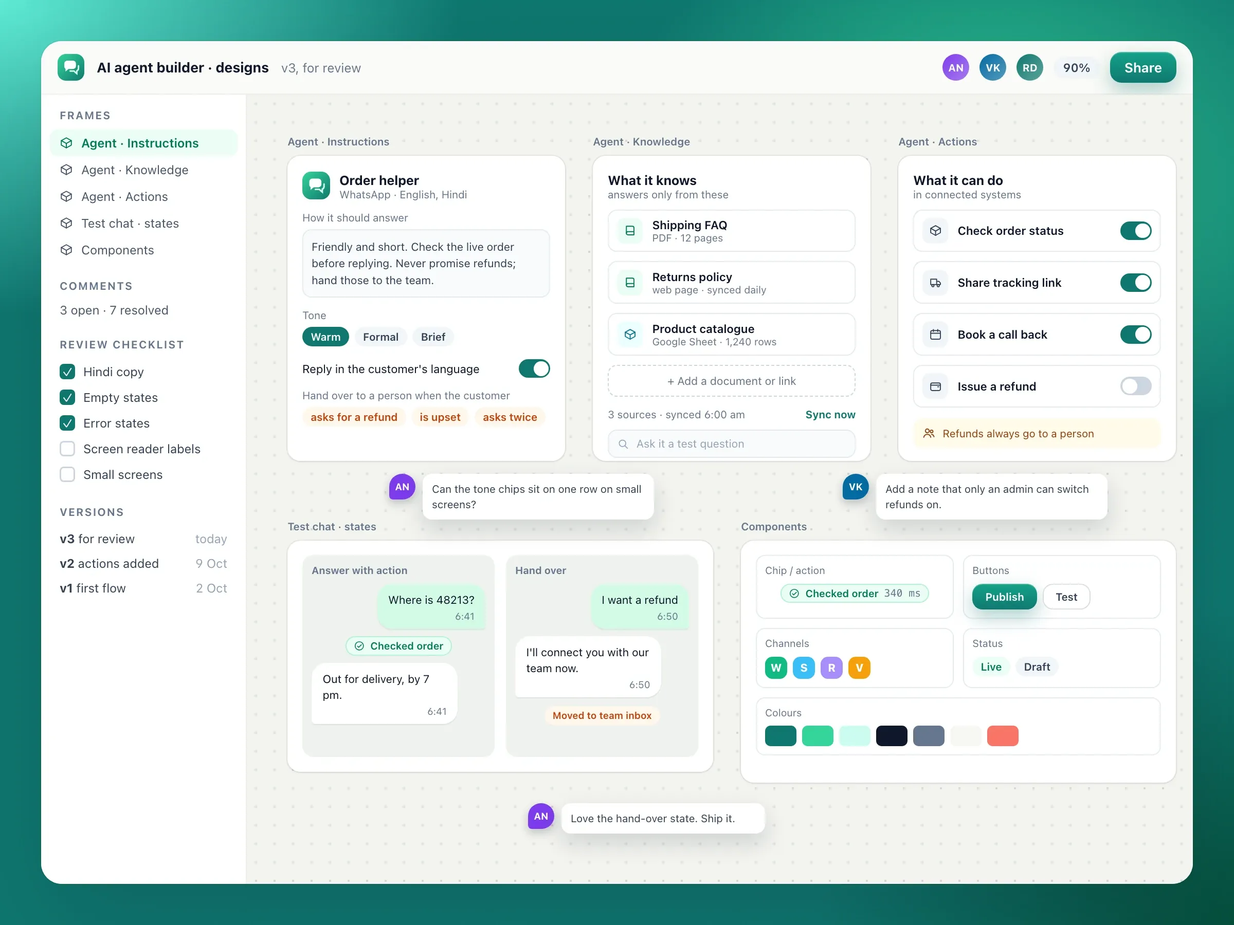 Designs for the AI agent builder: the agent's instructions, knowledge and actions, with review comments