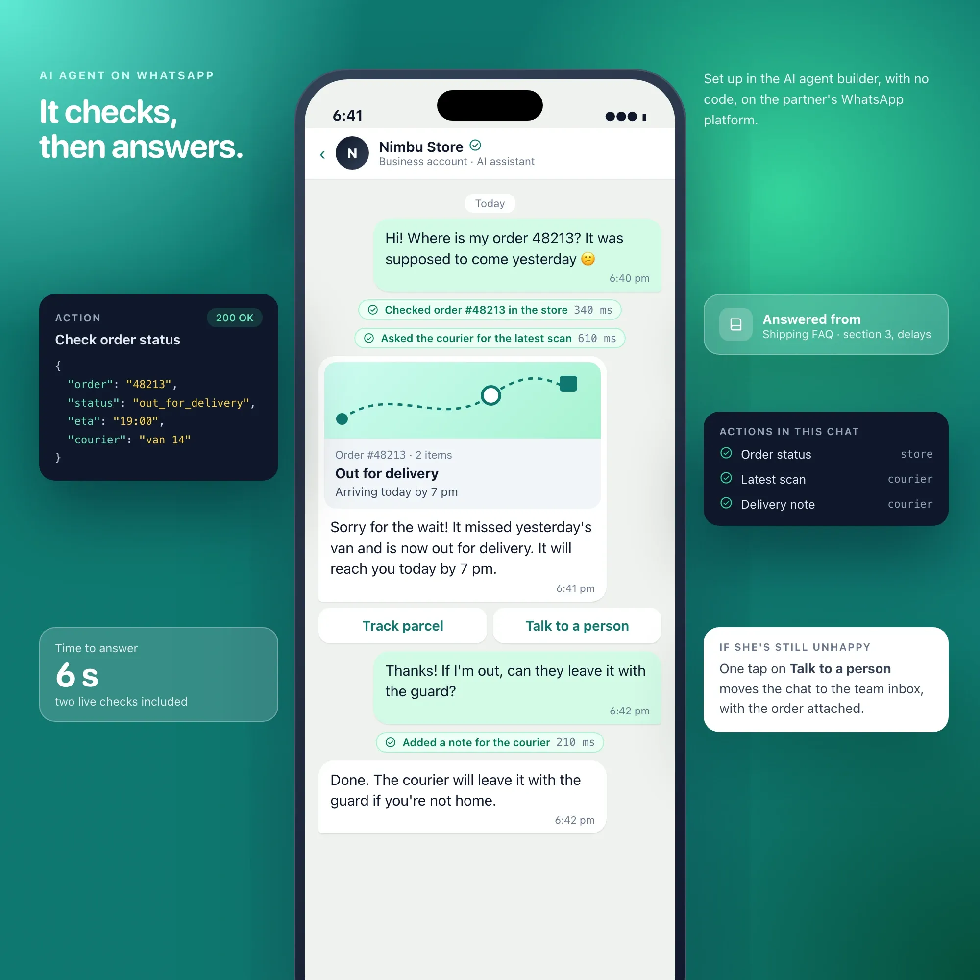 A WhatsApp AI agent checking an order's status