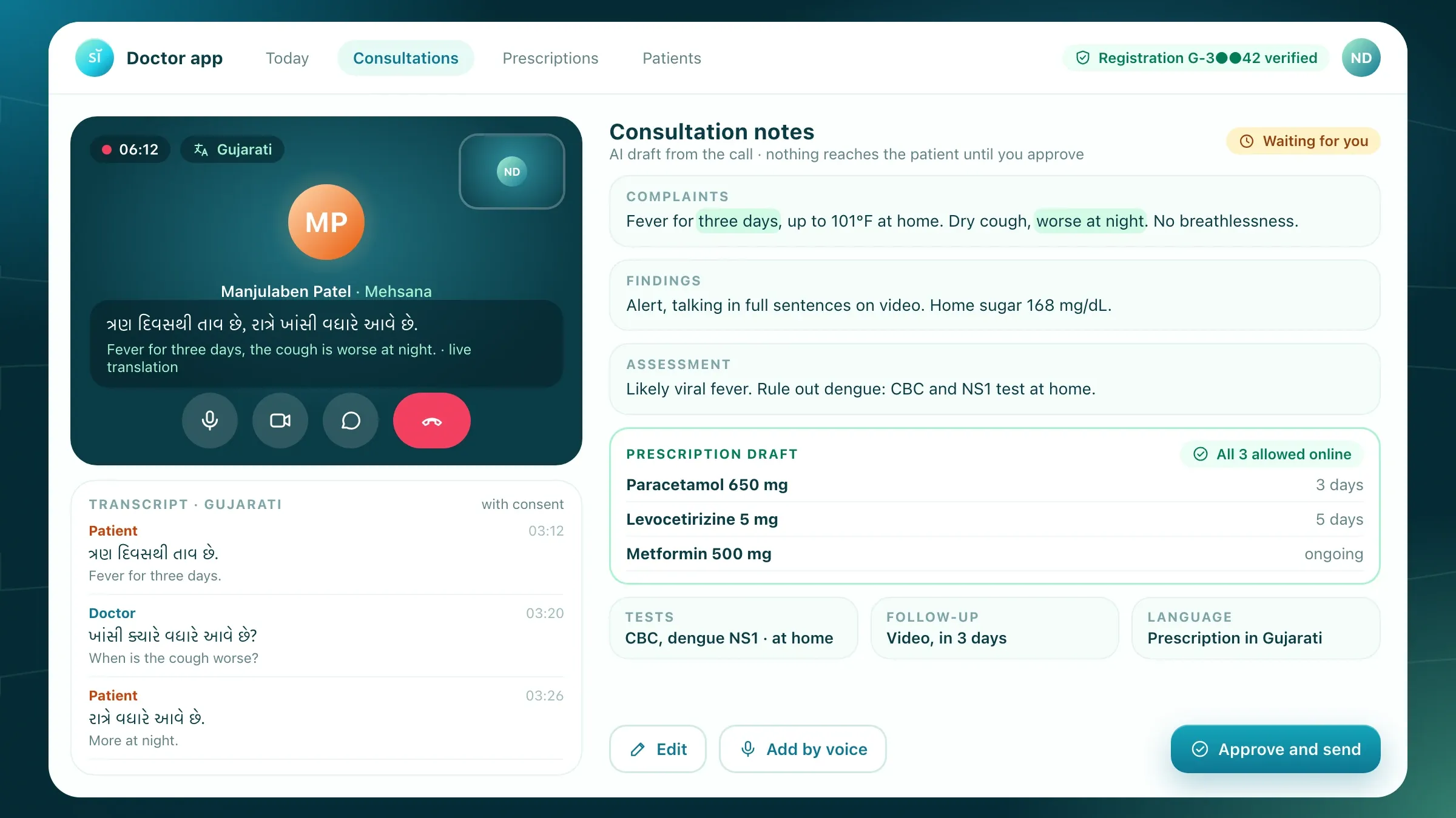 The AI scribe's draft beside the video call, waiting for the doctor's approval