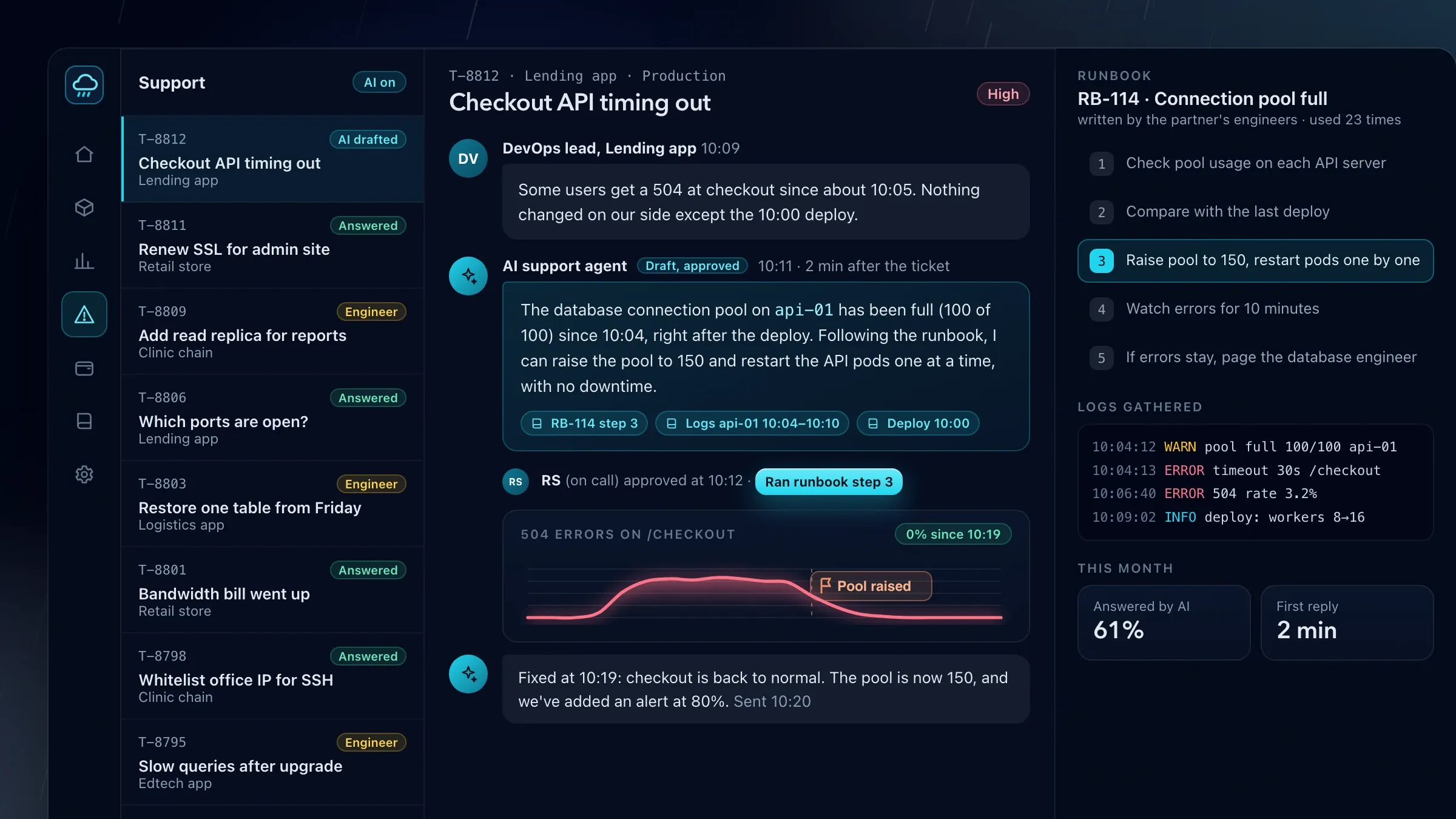 The AI support agent answering a ticket from a runbook