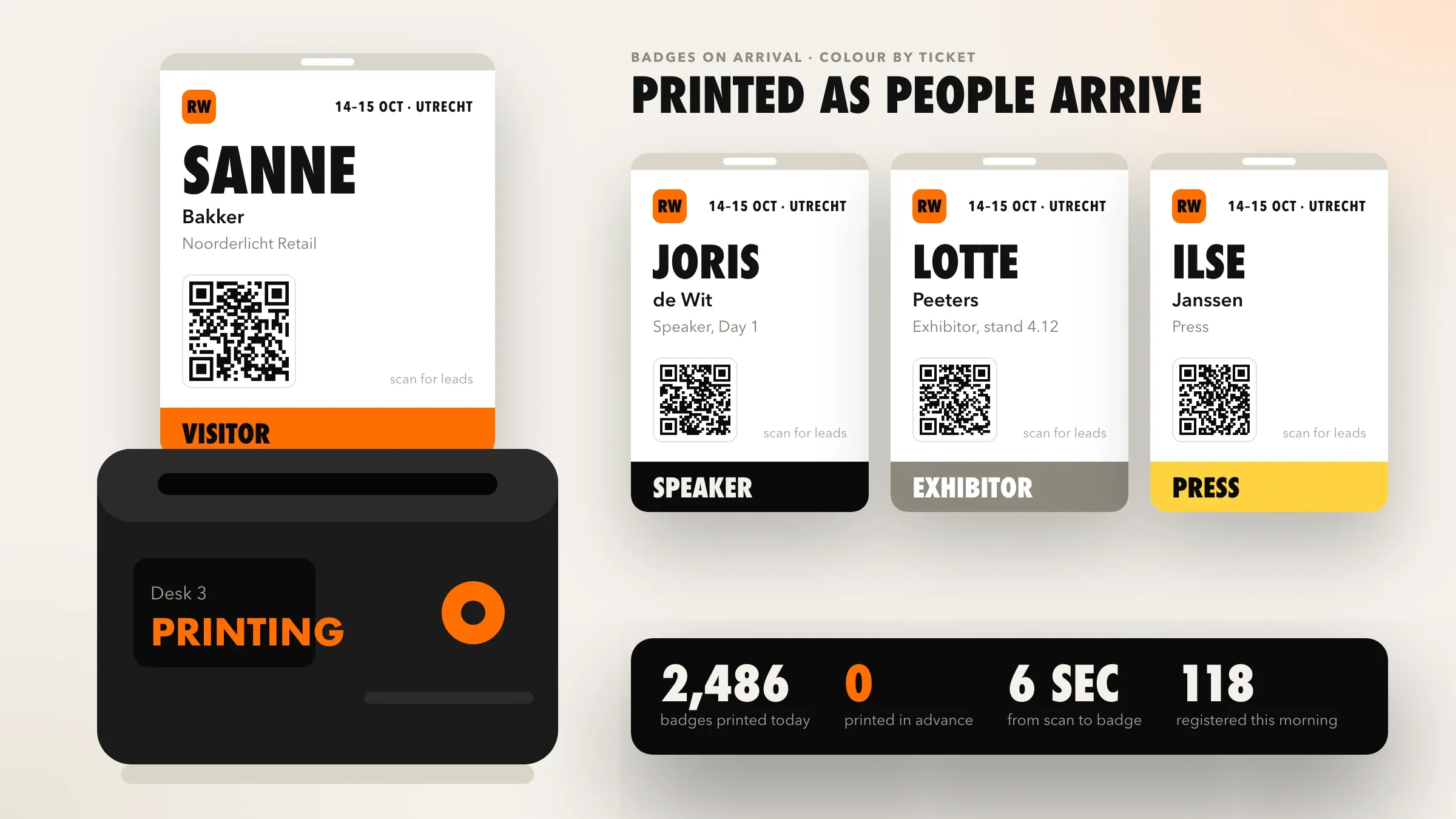 A badge printing on arrival, beside badges coloured by ticket type: visitor, speaker, exhibitor and press