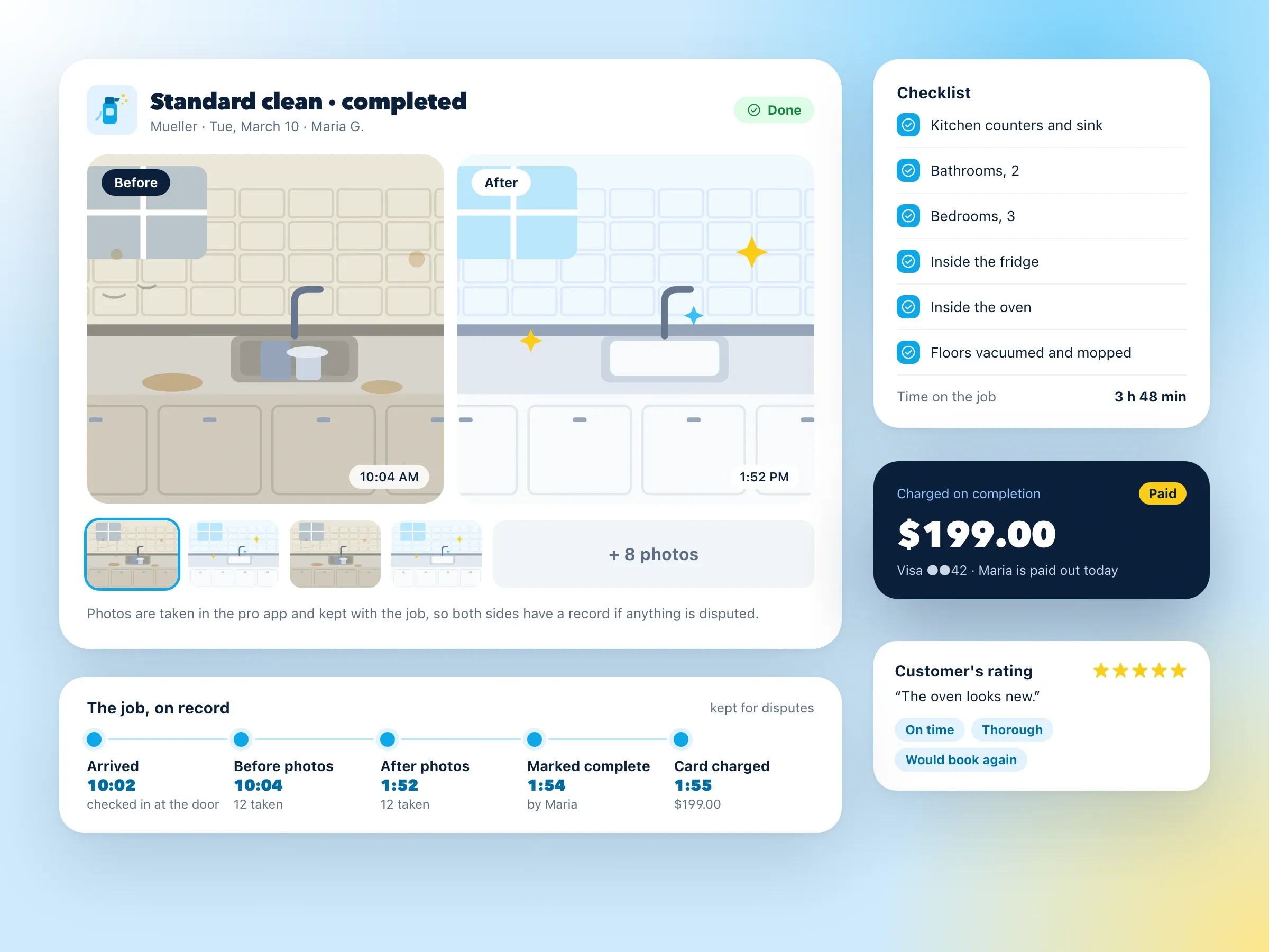 A completed job in the app, with before-and-after pictures of the kitchen and the job checklist