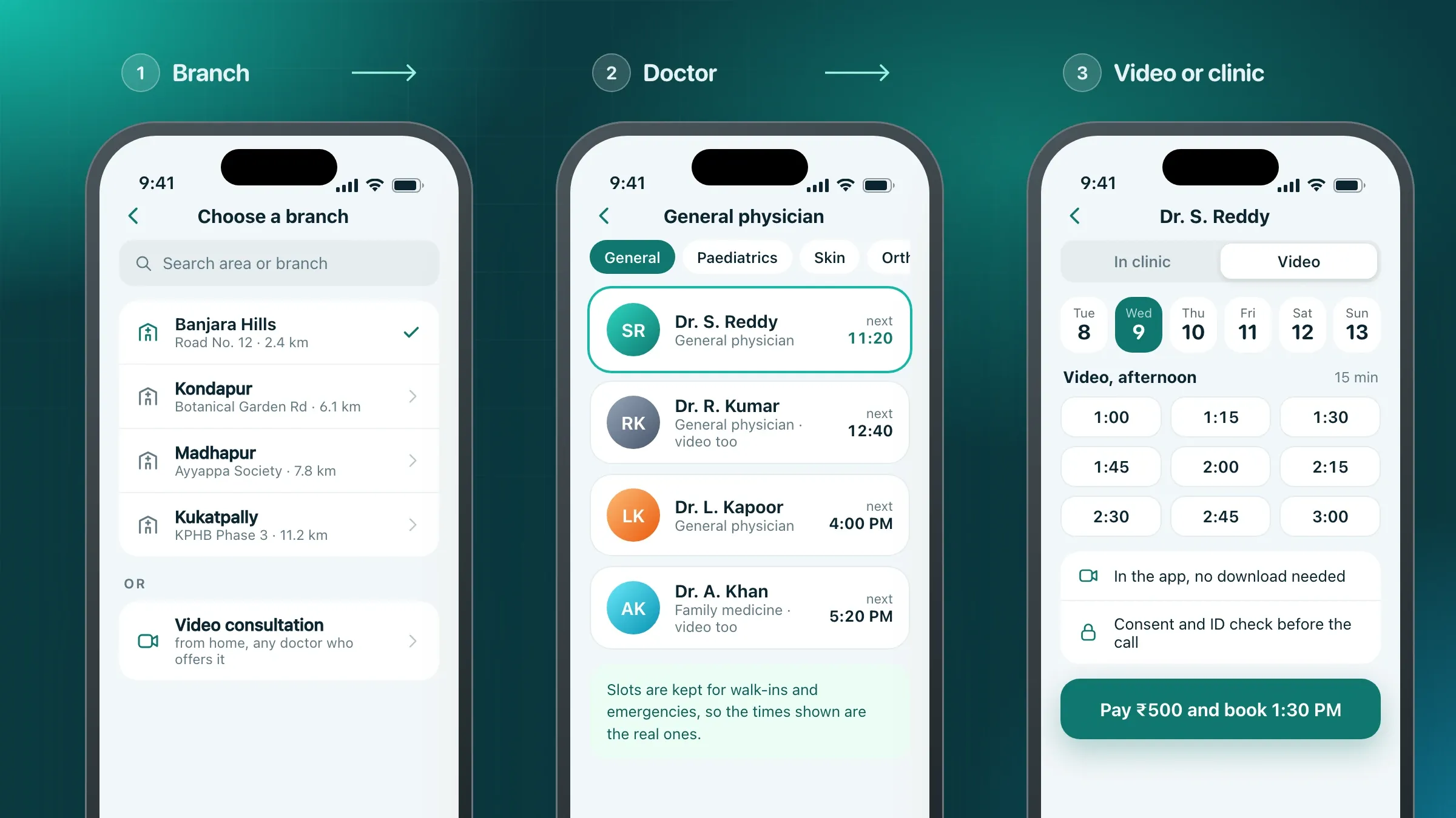 The patient app booking flow: choose a branch, a doctor and an in-clinic or video slot