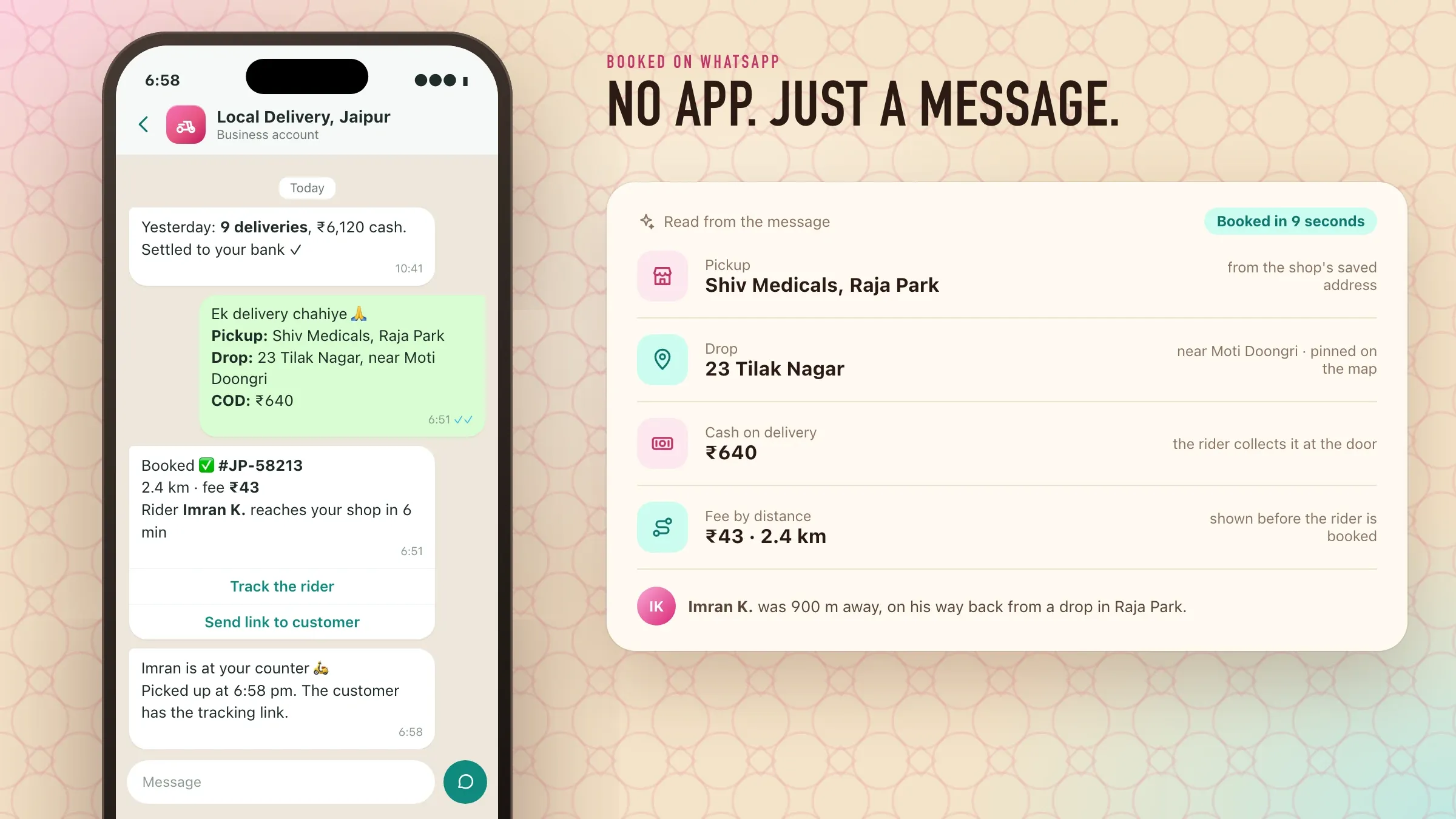 A shop owner booking a delivery on WhatsApp