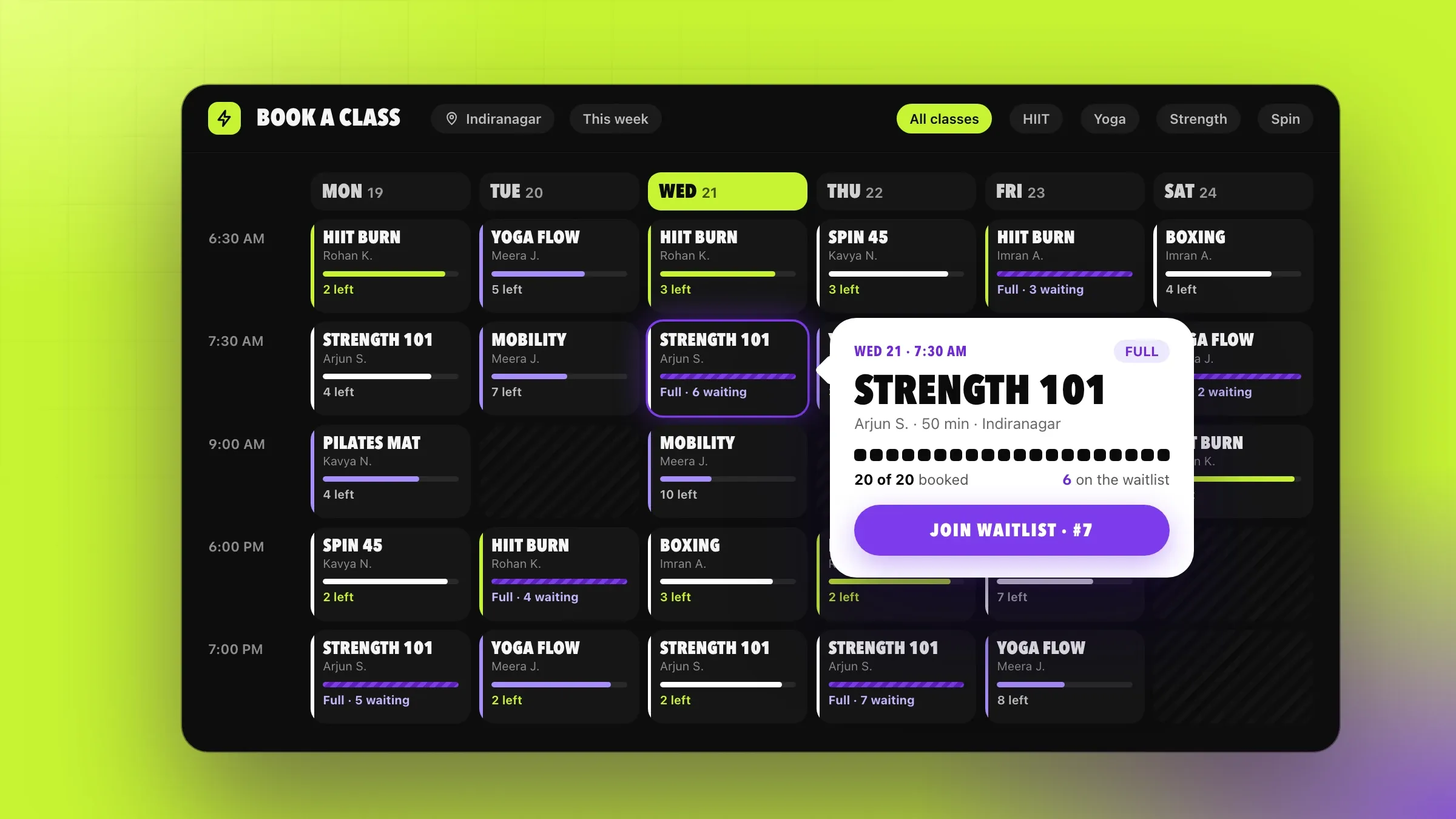 The class schedule with spots left and a waitlist button