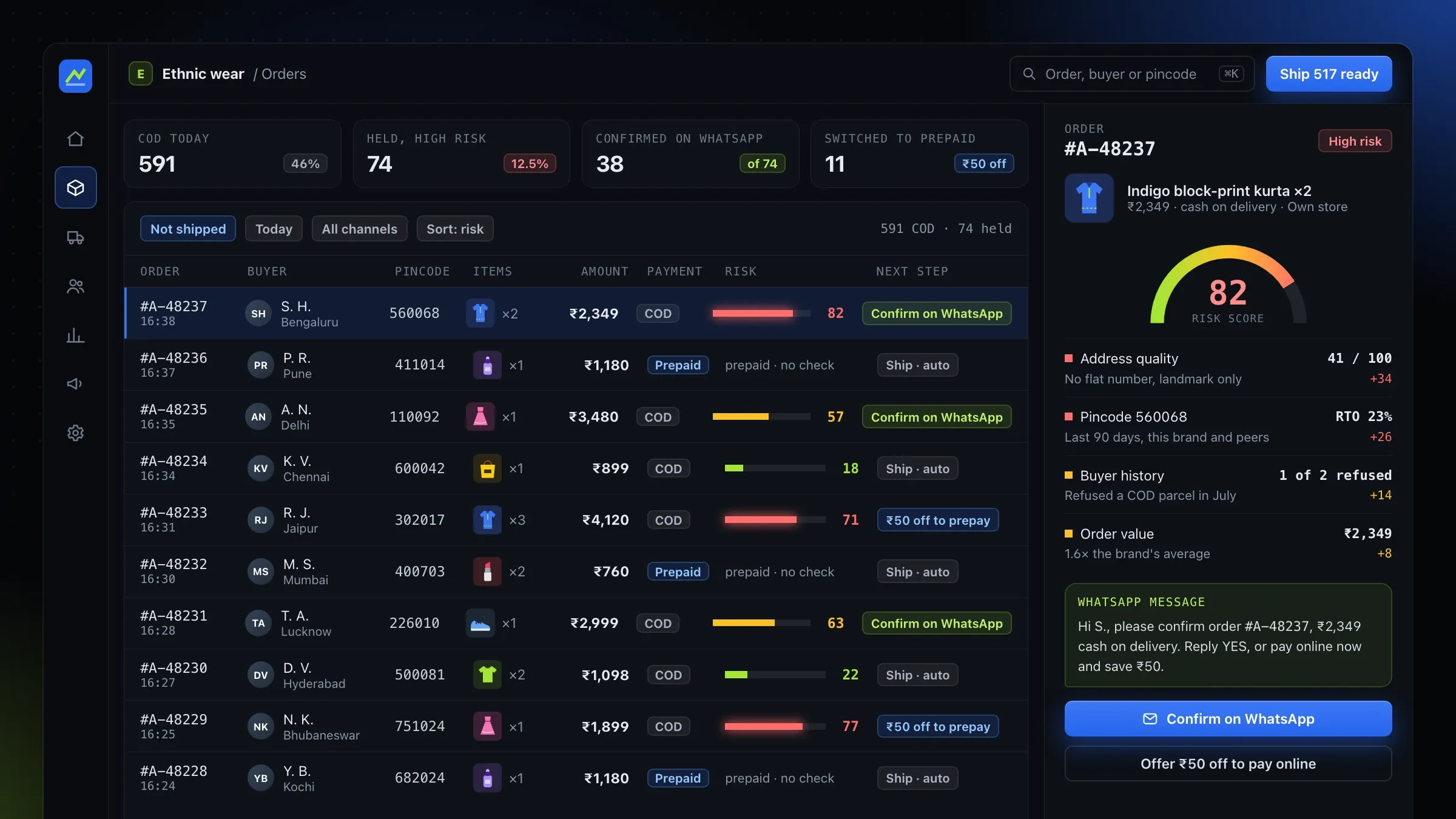 The order view with risk scores on cash-on-delivery orders