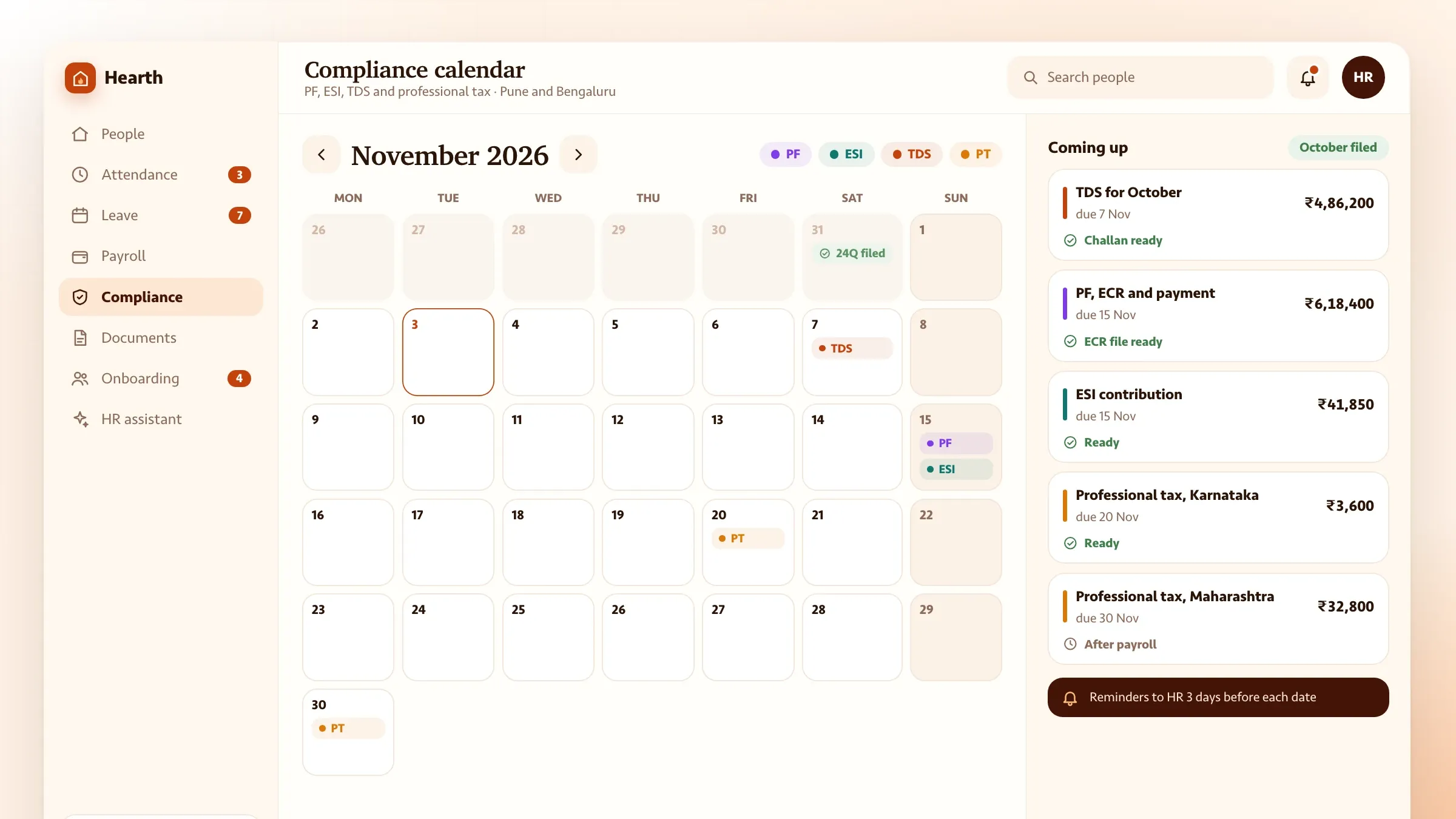 The compliance calendar with PF, ESI, TDS and professional tax due dates