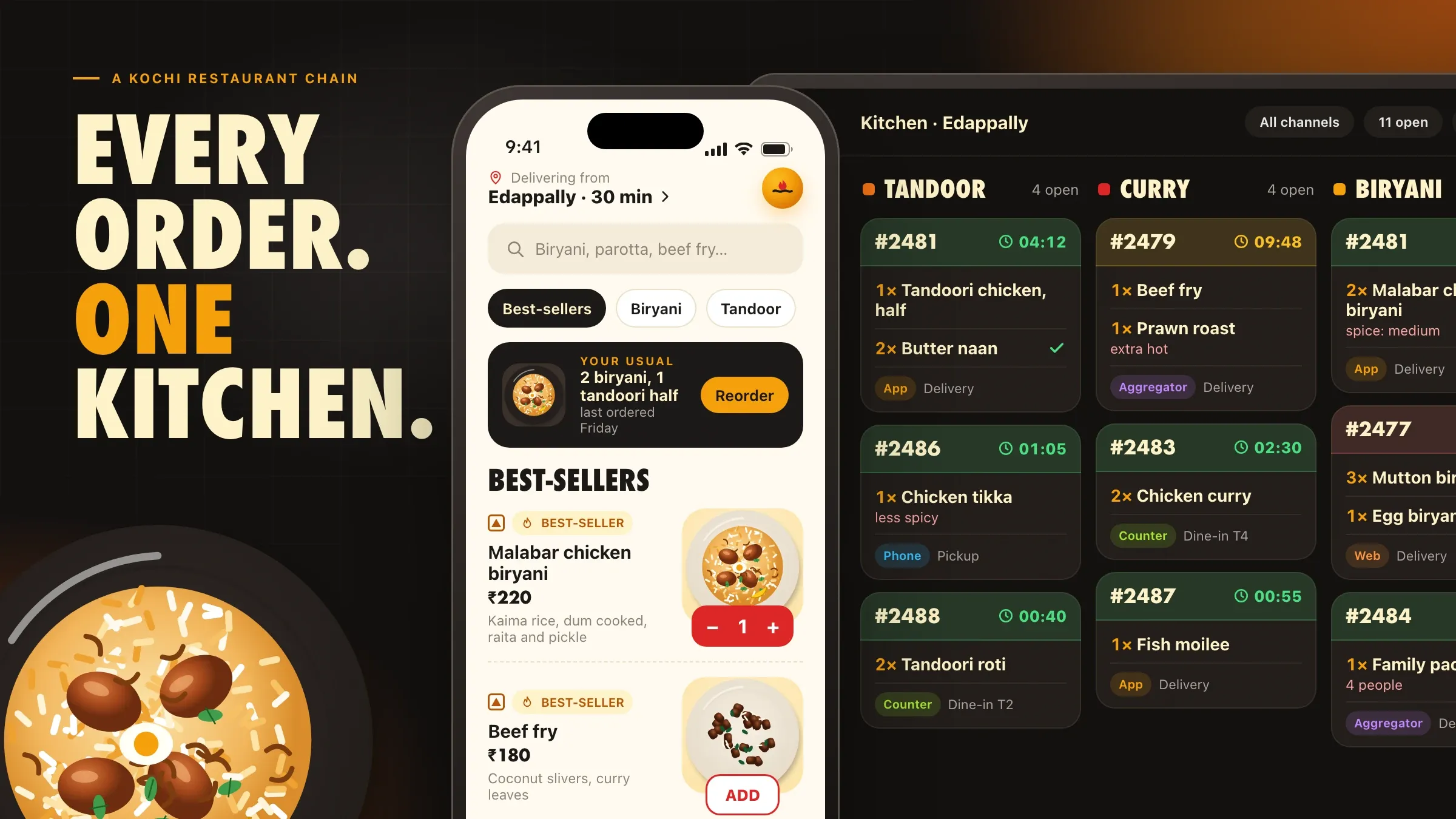 The ordering app's menu on a phone beside the kitchen display, with new orders grouped by station