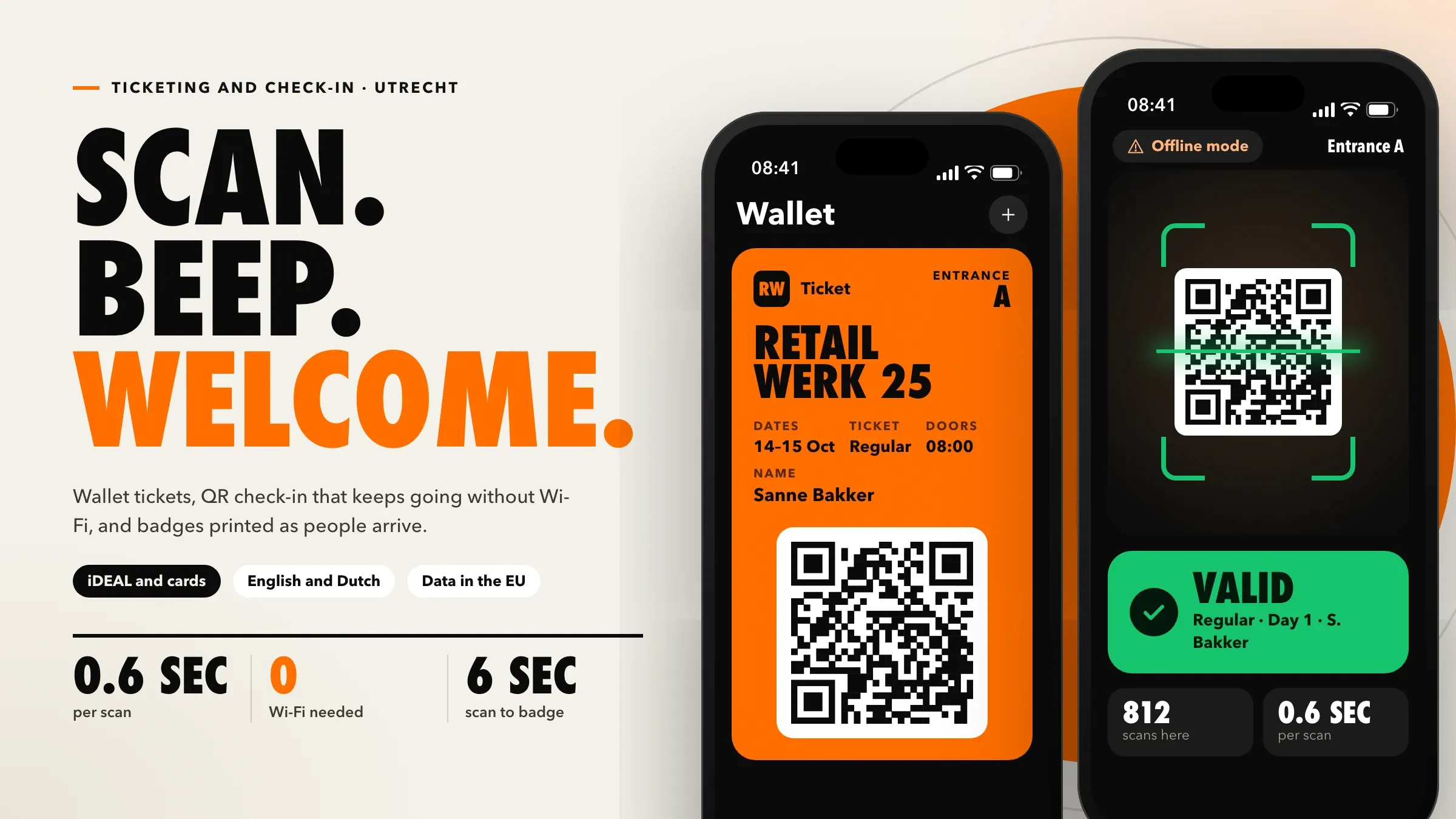 Check-in: the staff app scanning the QR code of a wallet ticket on an attendee's phone, and showing the ticket as valid