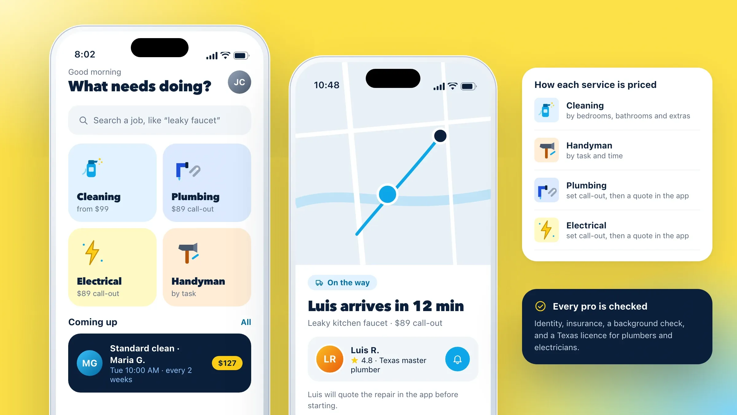 The customer app's home with cleaning, plumbing, electrical and handyman services