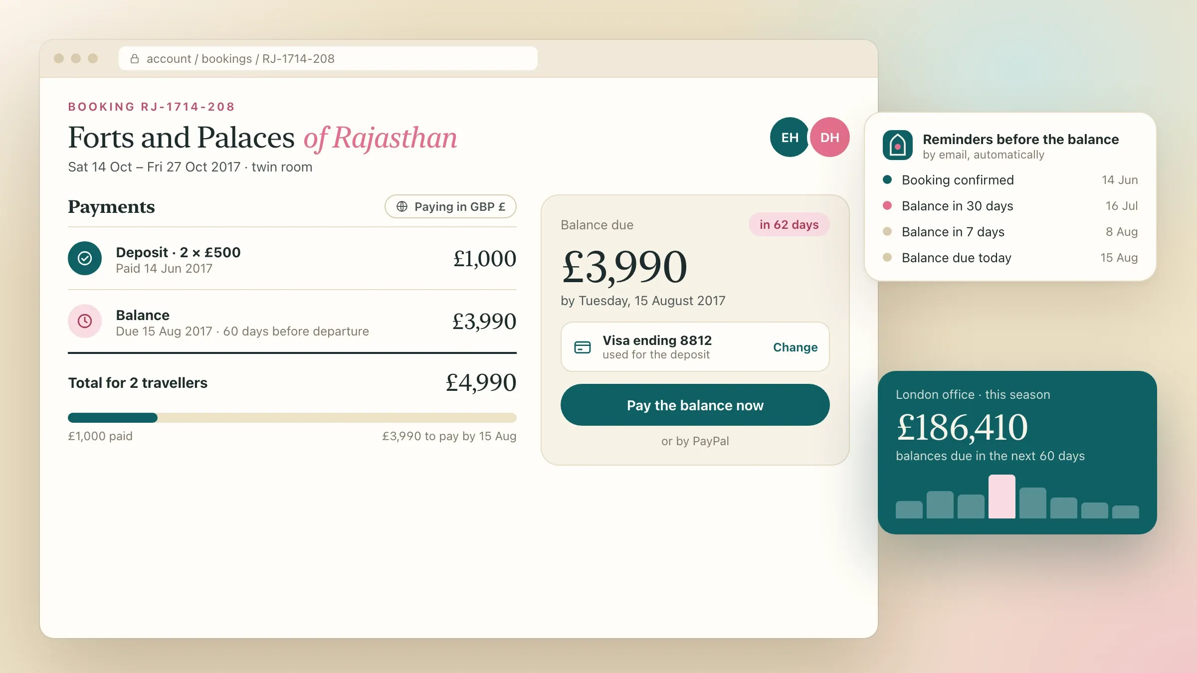 A booking with the deposit paid in pounds and the balance due date