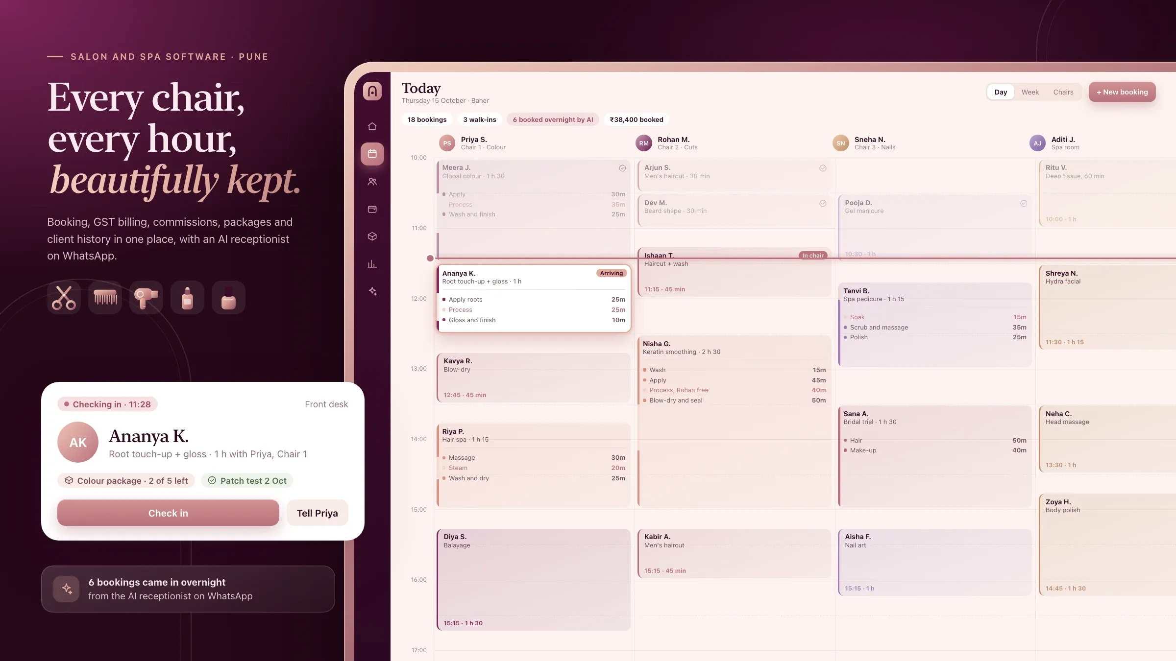 Salon software on a front-desk tablet: today's appointments by stylist and chair, with the next client checking in