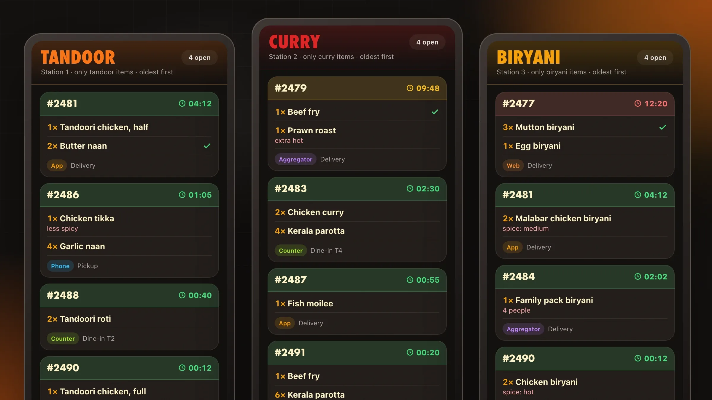 Kitchen display tablets showing orders split by the tandoor, curry and biryani stations