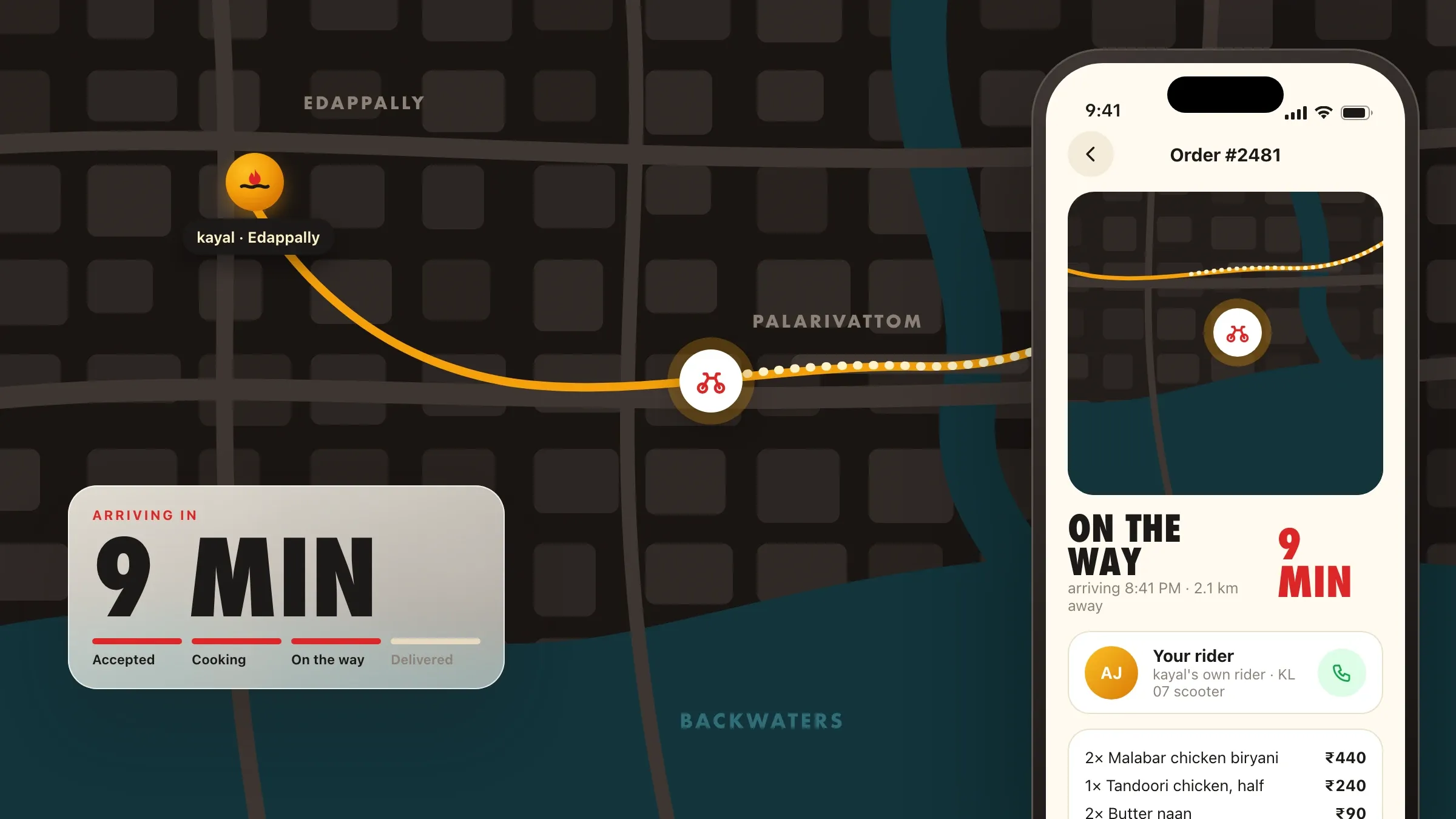 A customer's phone following the rider on a map from the outlet to their door