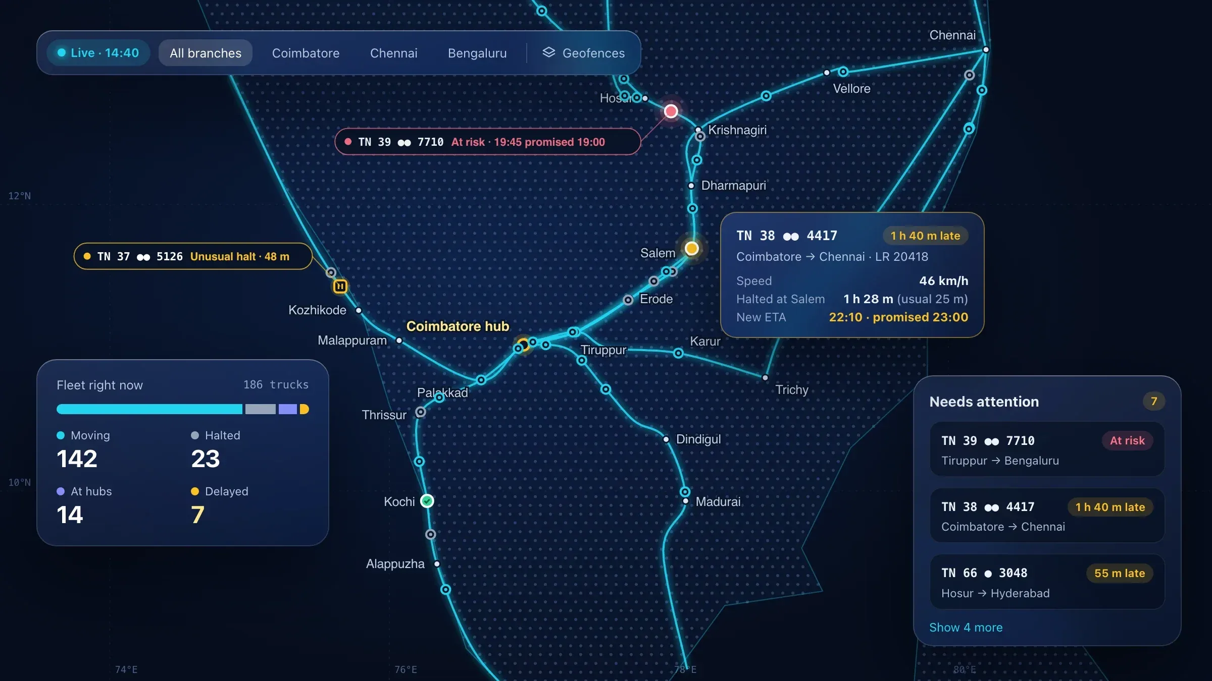 The live map of trucks across South India, with delayed trips flagged