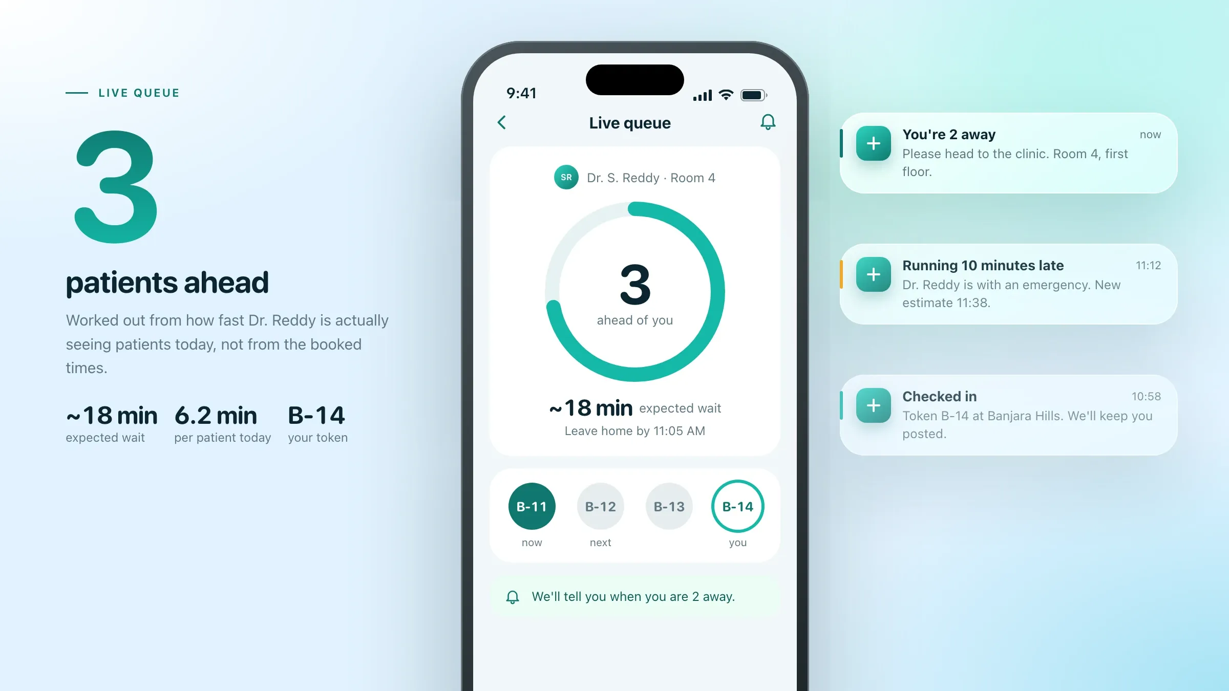 The live queue on a patient's phone: three patients ahead and the expected waiting time