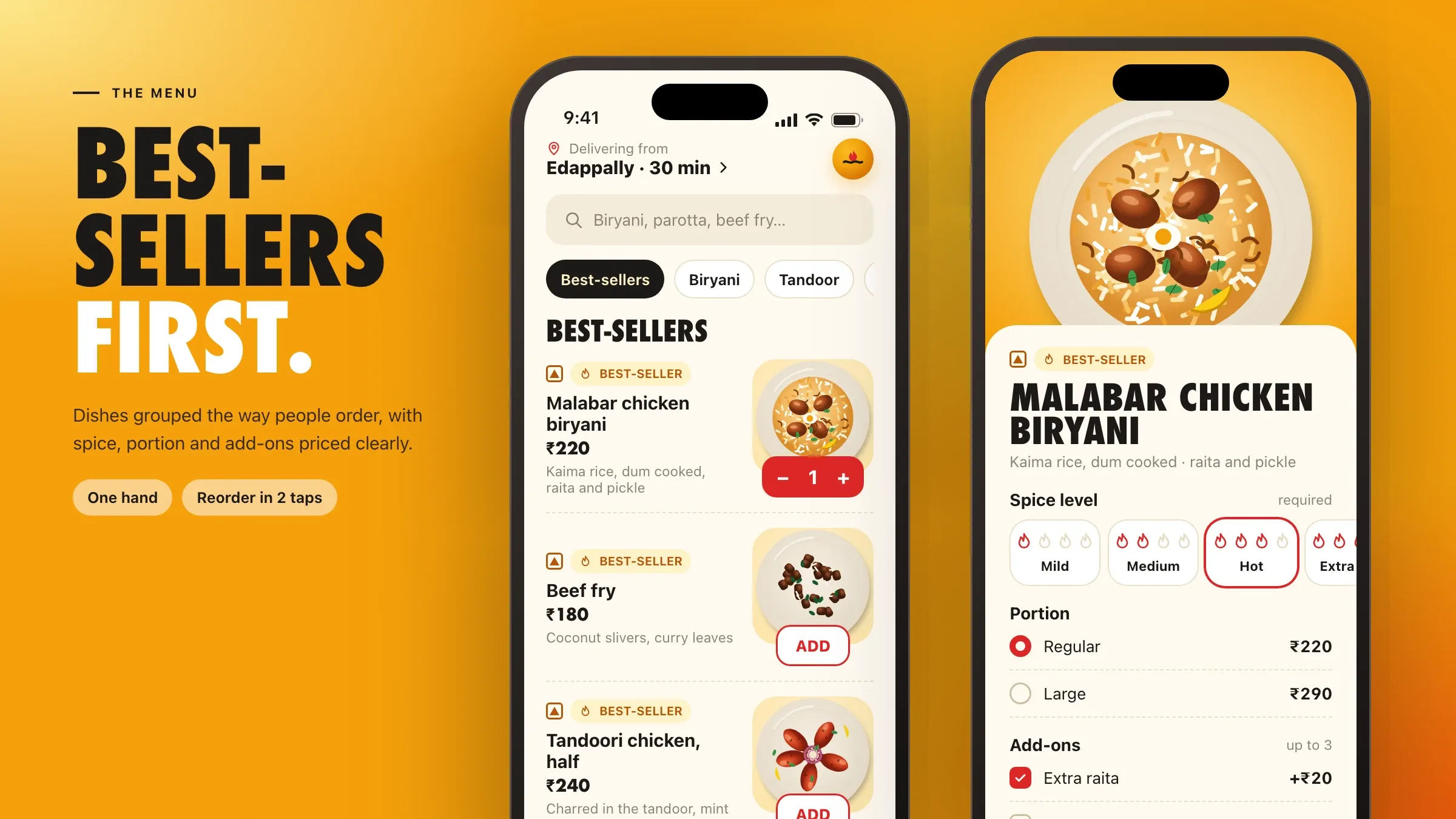 The menu in the ordering app, with best-sellers first and spice-level options