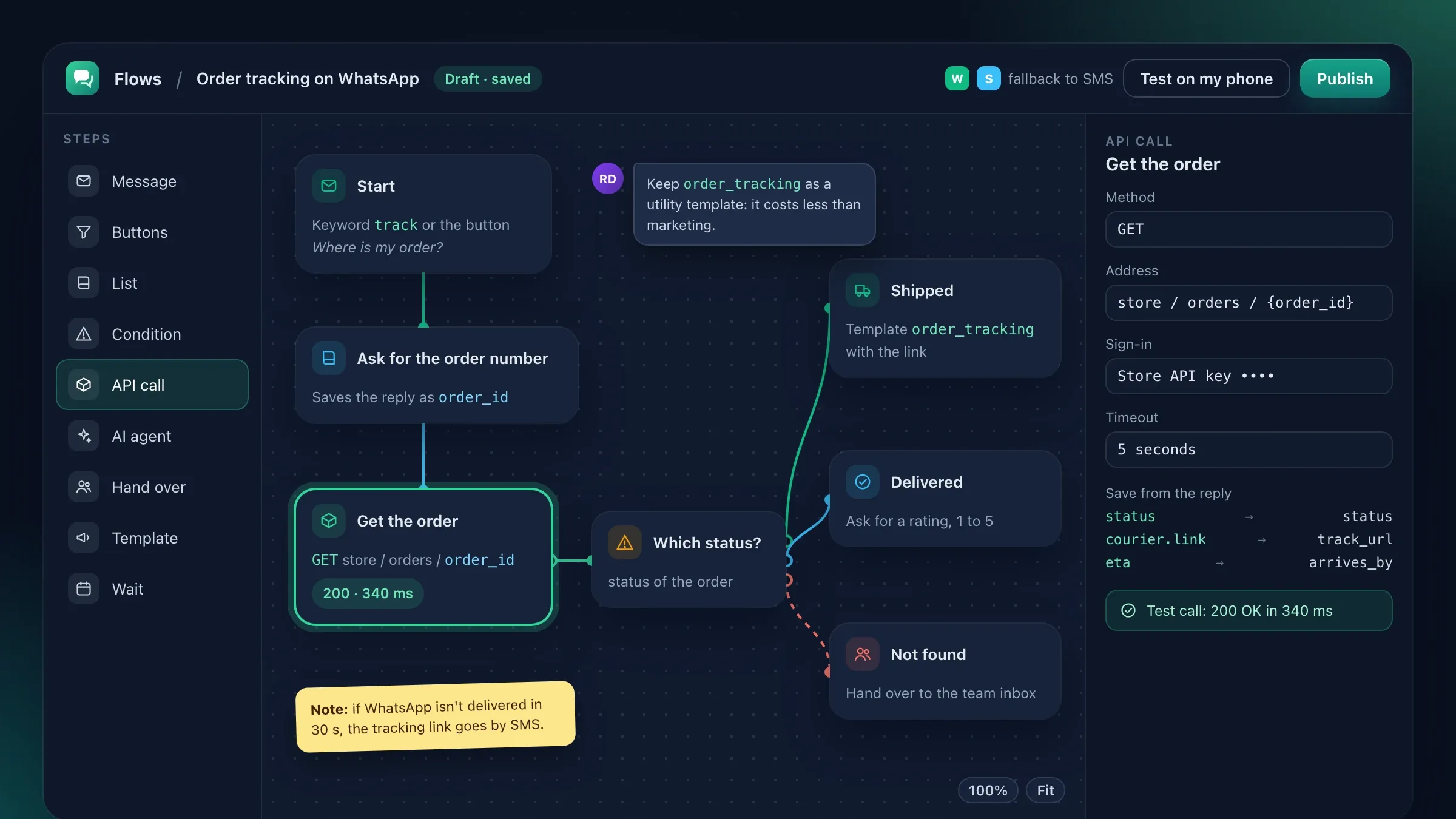 The flow builder with a WhatsApp order-tracking flow