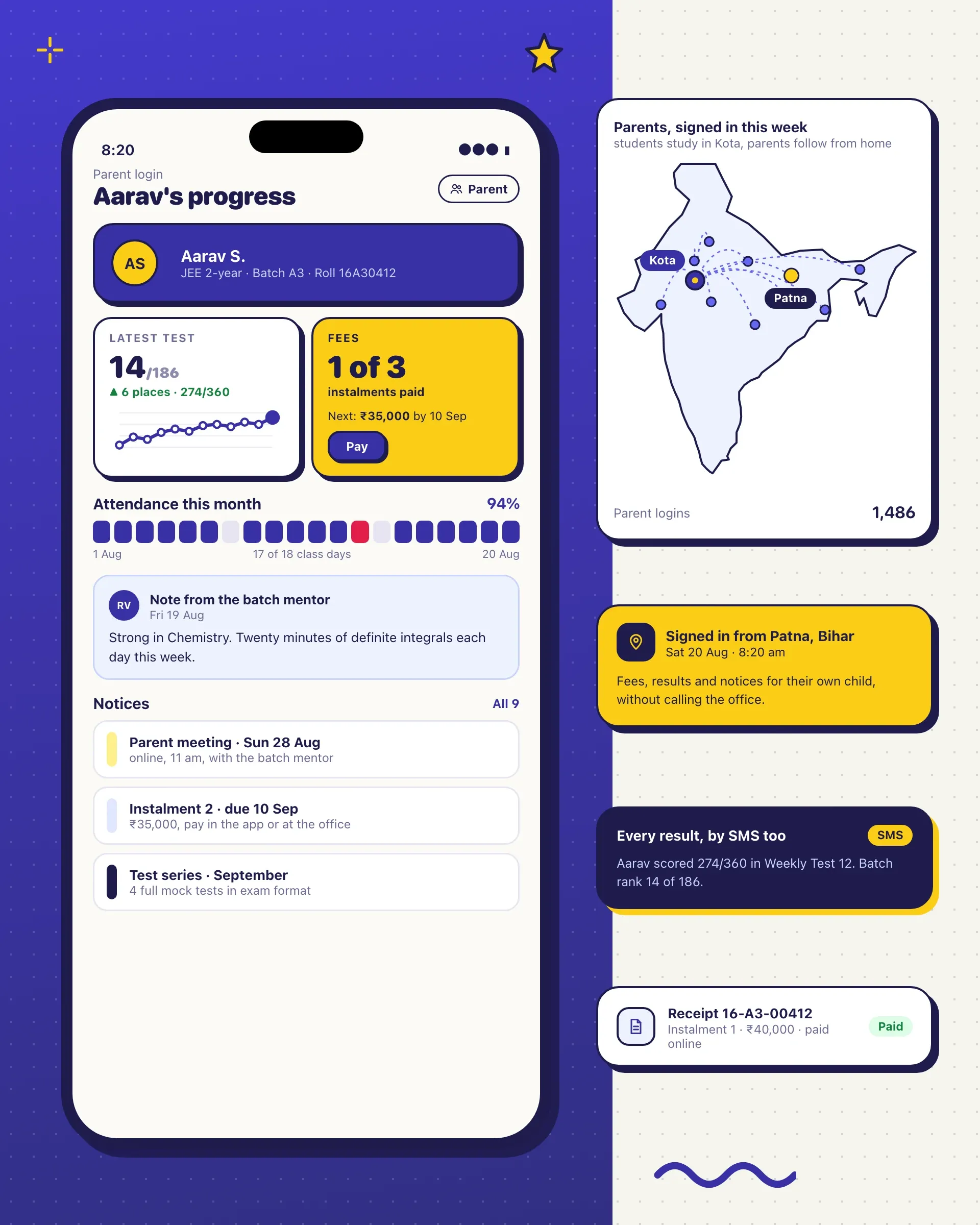 A parent's login with fees, results and notices