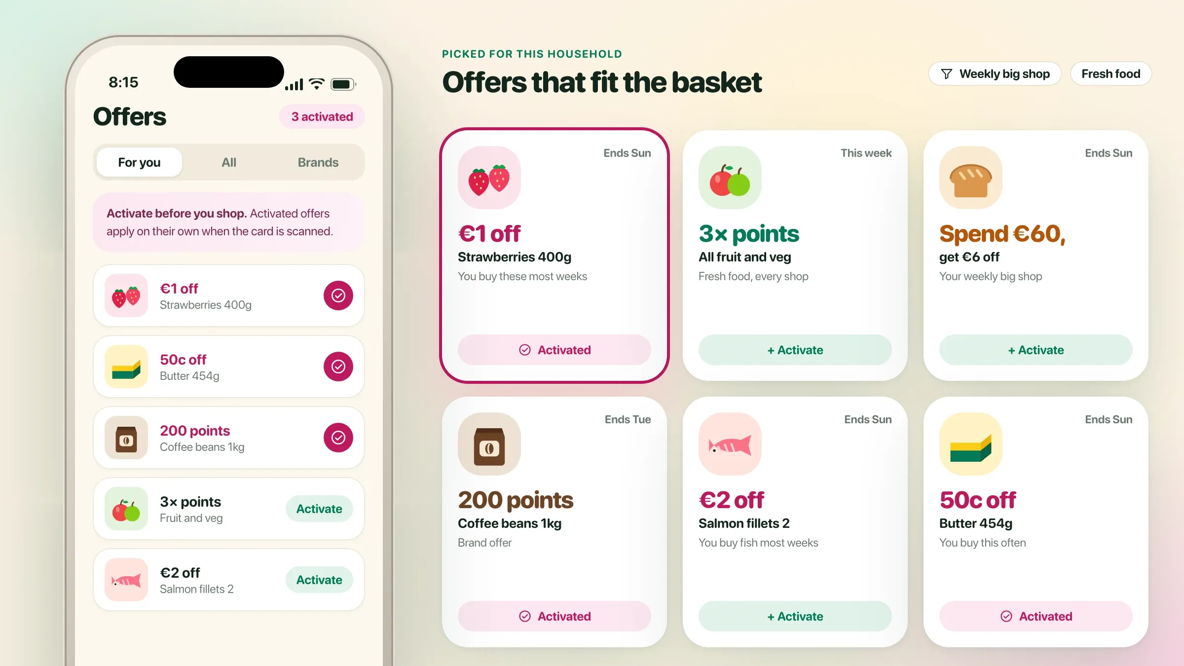 The personalised offers screen, with offers to activate before shopping
