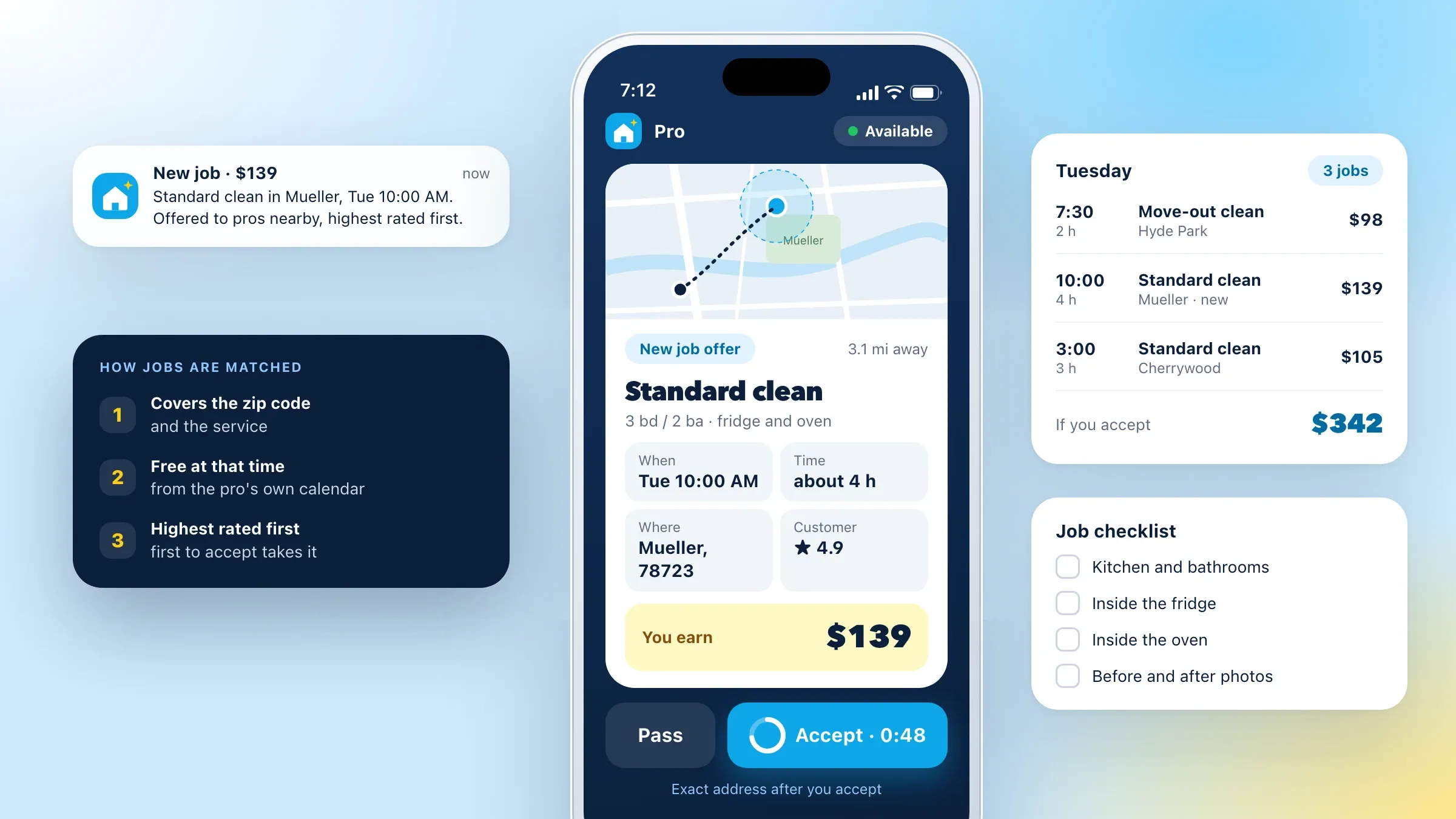 A job offer in the pro app with address, time and pay