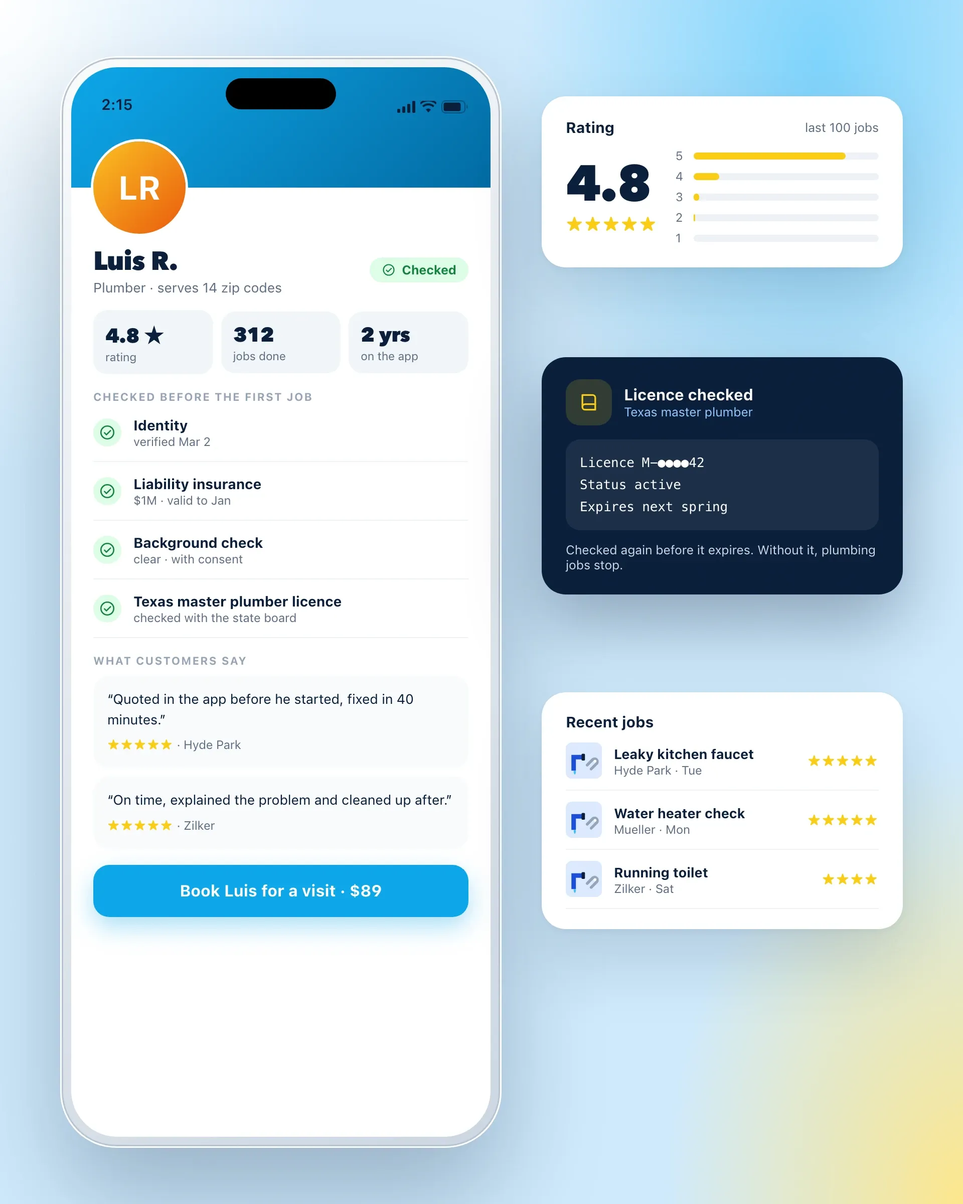 A pro's profile with rating, jobs done and the checked identity, insurance, background check and licence