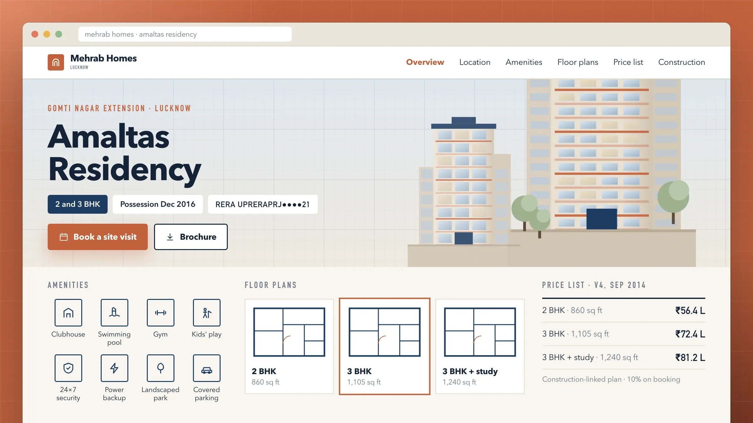 A project microsite with amenities, floor plans and the price list