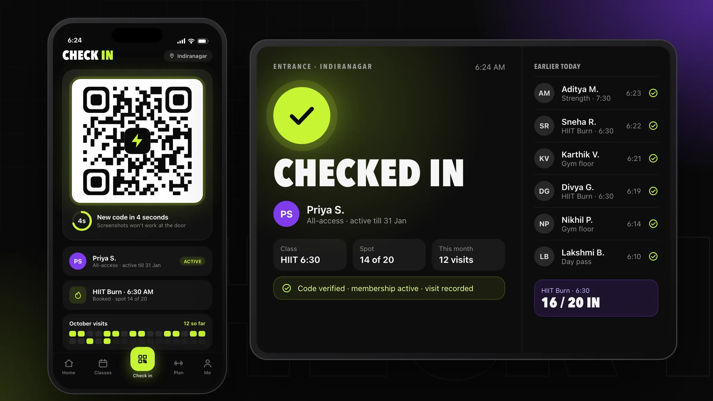 QR check-in: the member's code refreshing every few seconds, and the entrance screen confirming the visit