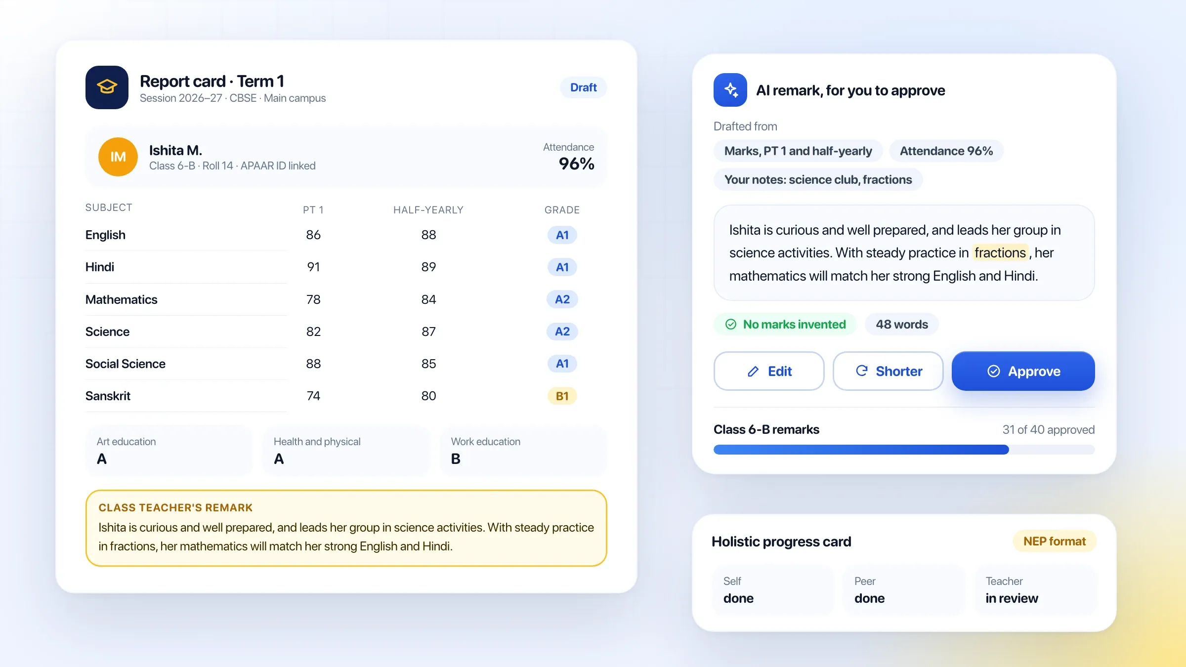 A report card with AI-drafted remarks for the teacher to approve