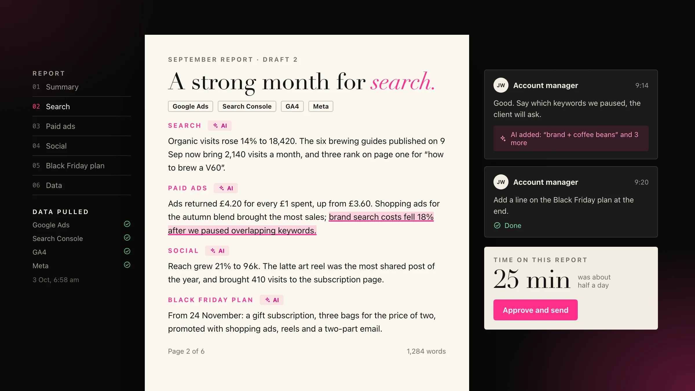 A monthly report drafted by AI for an account manager to review