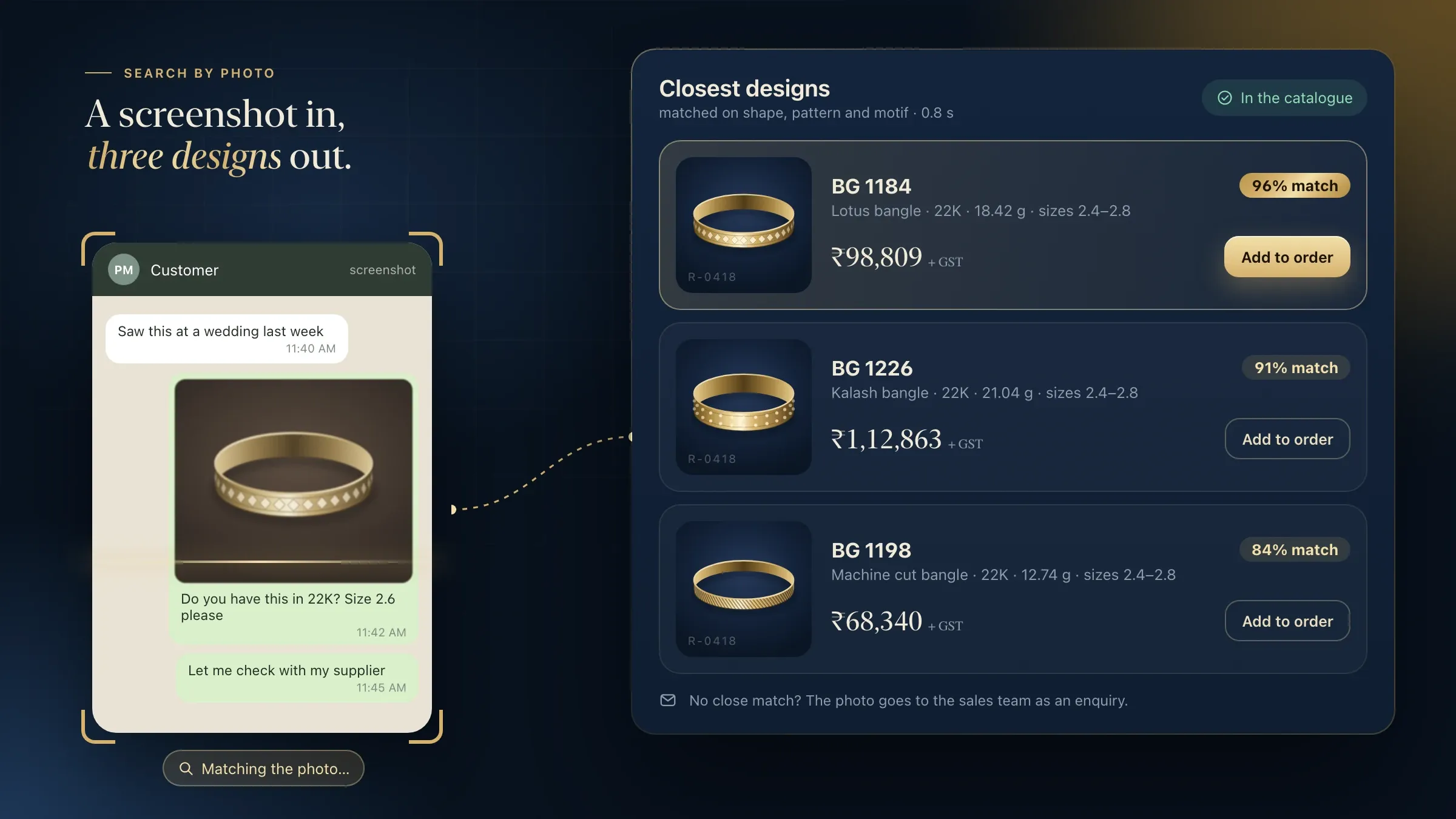 Search by photo: a customer's WhatsApp screenshot matched to three catalogue designs with their codes