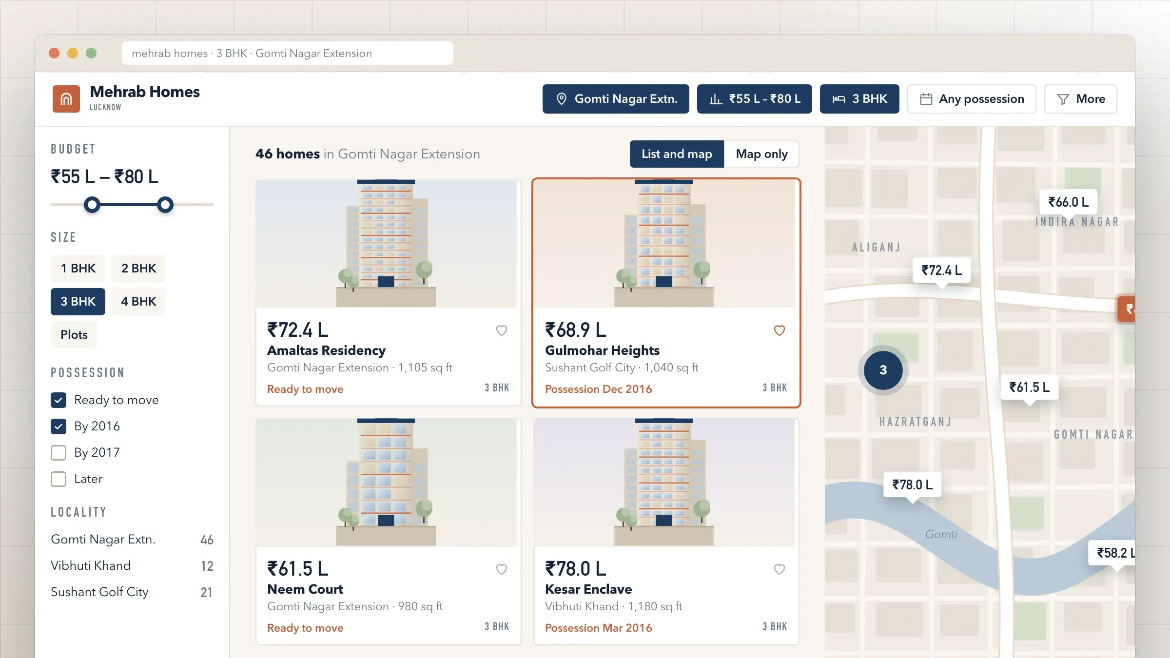 Property search results beside a map, filtered by locality, budget and BHK