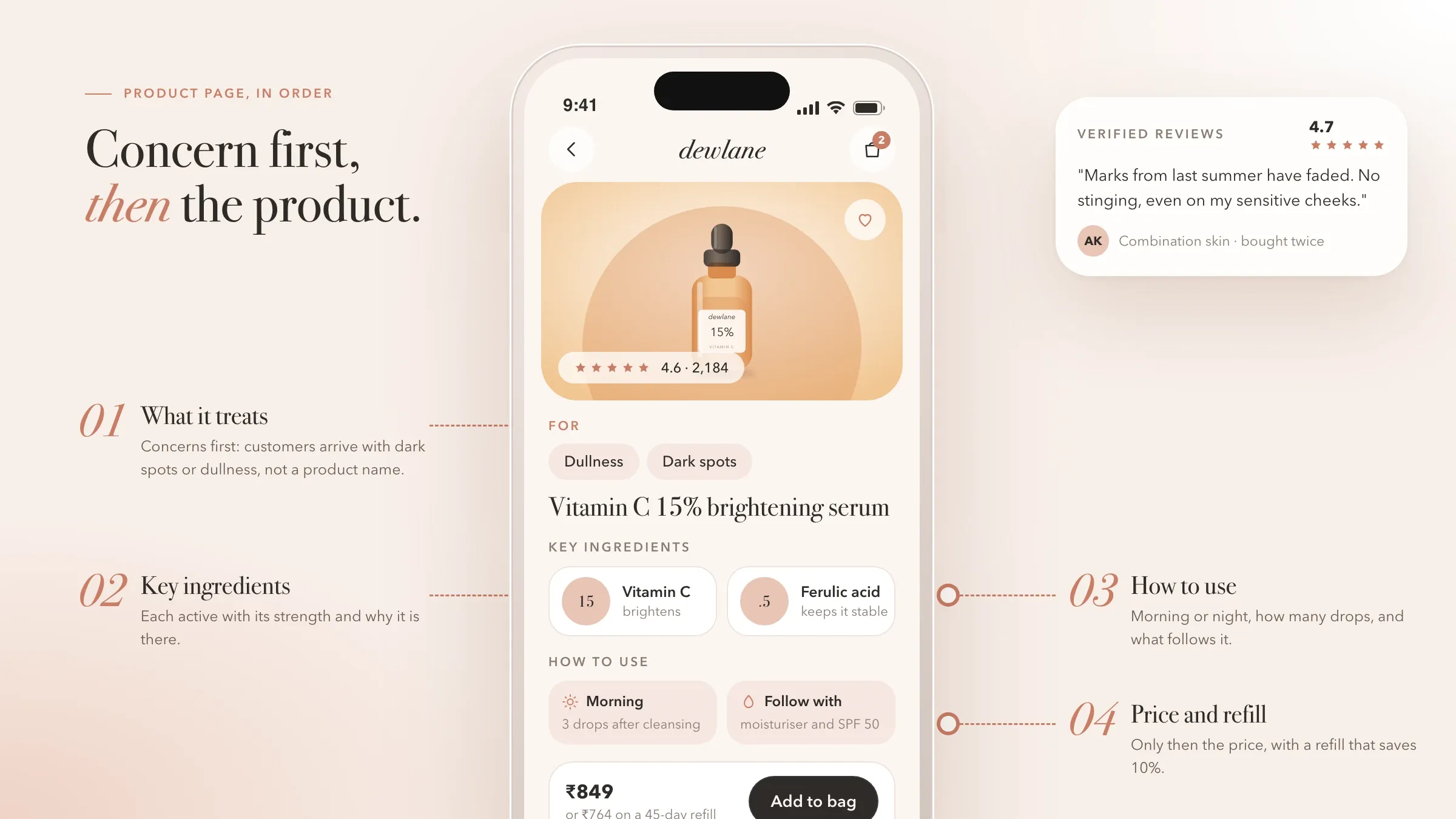 A serum's product page on a phone, leading with the skin concerns it treats and its key ingredients