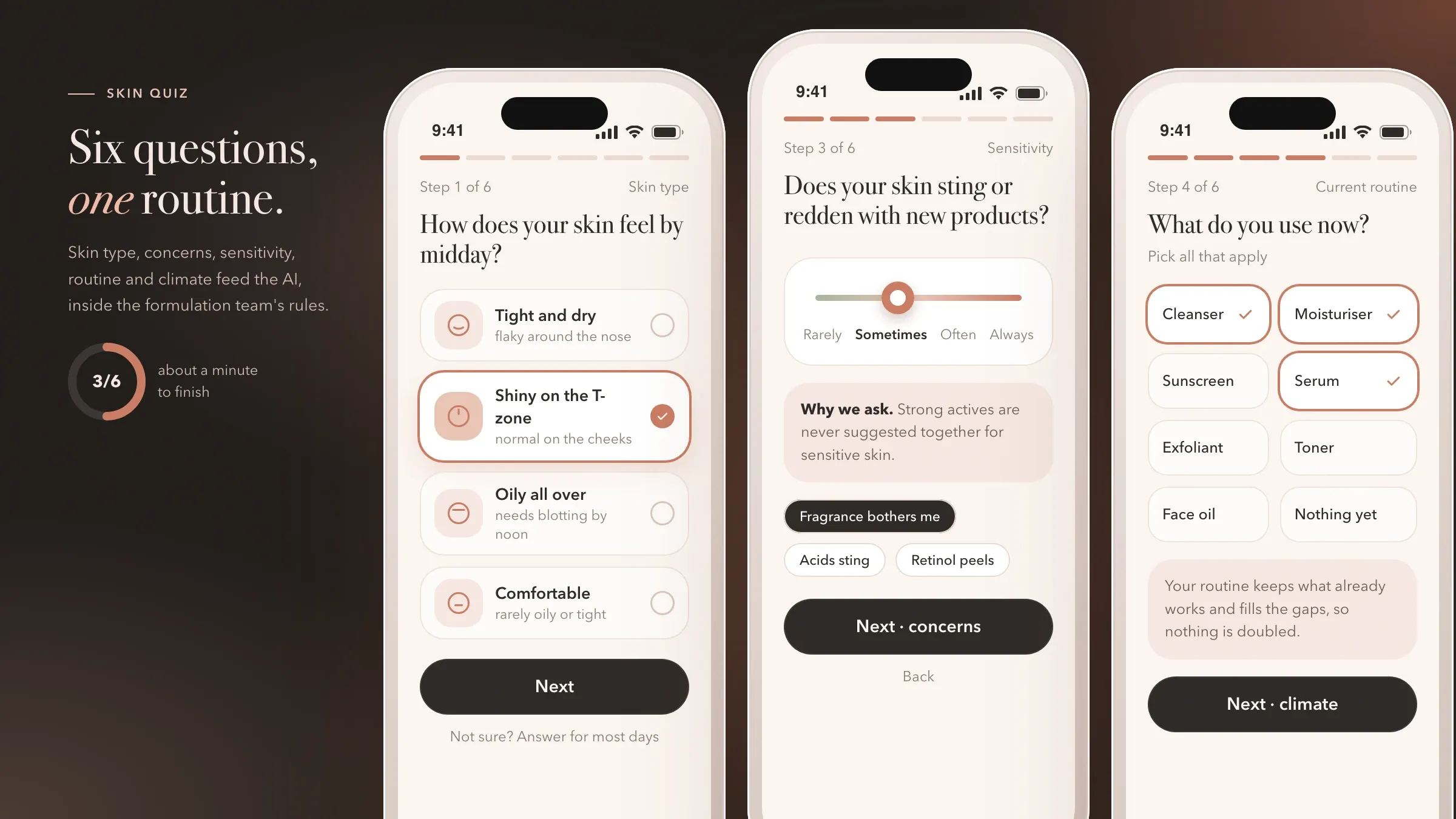 The skin quiz on a phone, asking about skin type, sensitivity and current routine