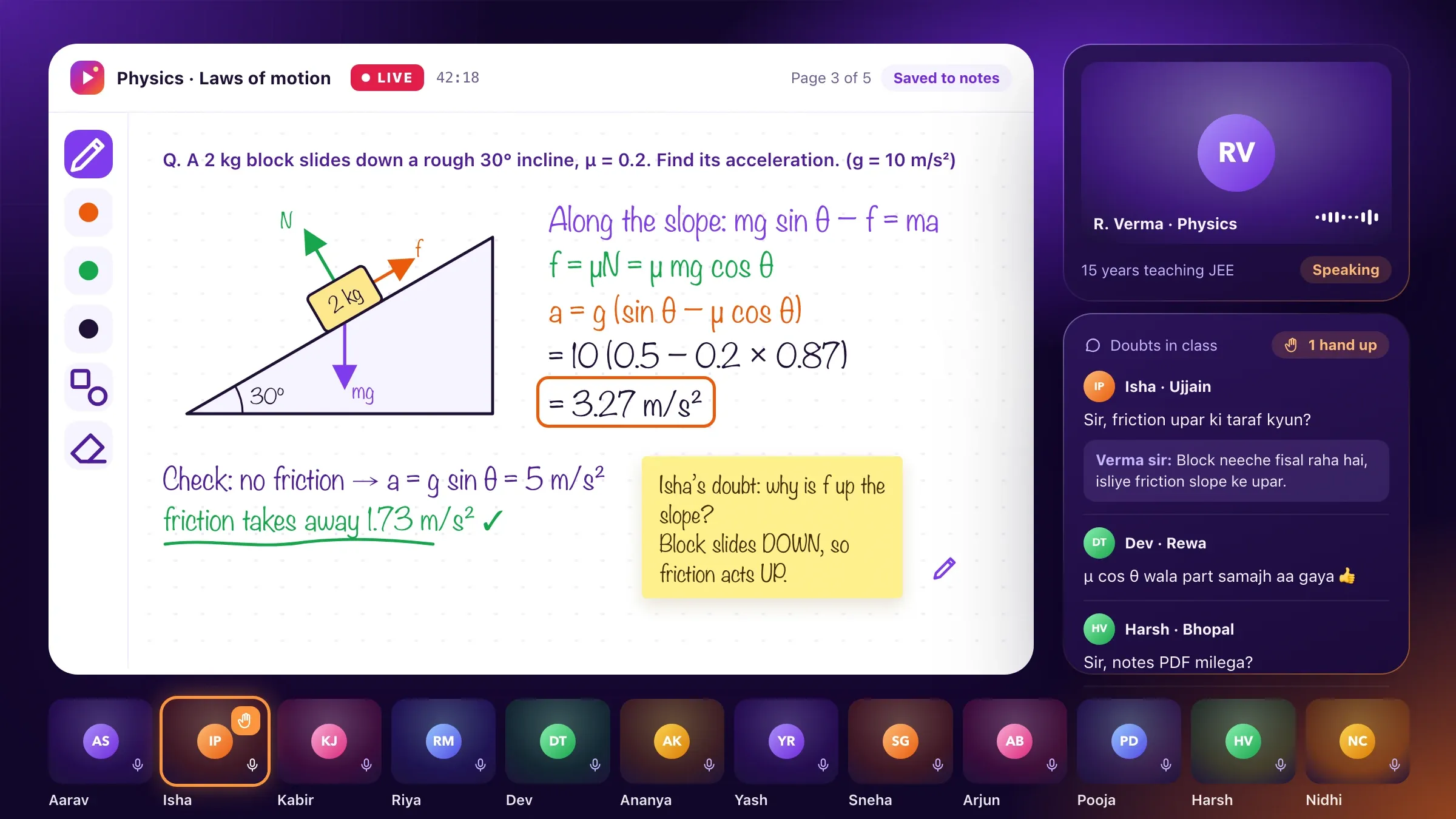 The teacher's board during a small-batch class: a physics problem solved step by step, a student's doubt in the chat and the twelve students along the bottom