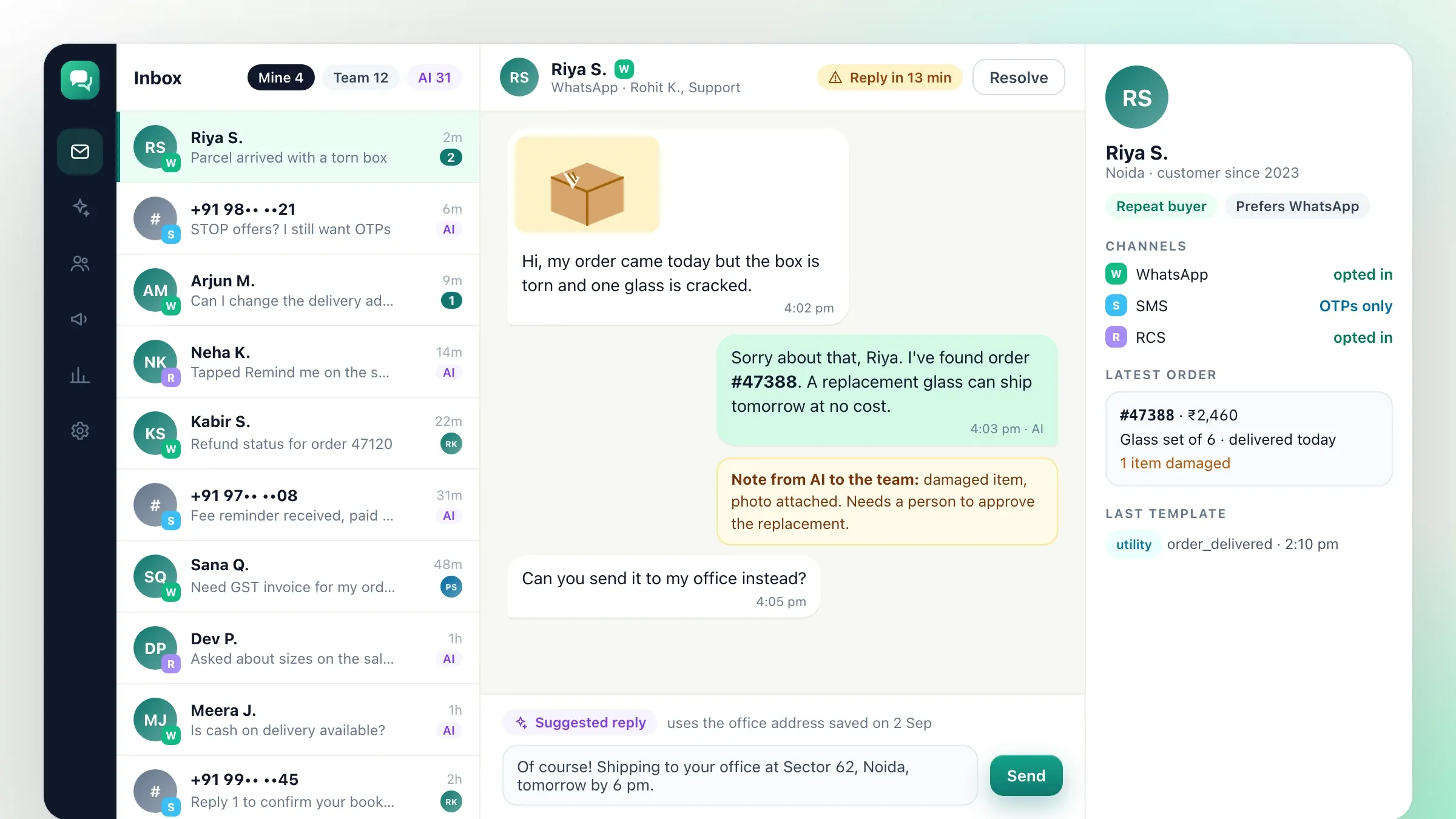 The shared team inbox with WhatsApp and SMS conversations
