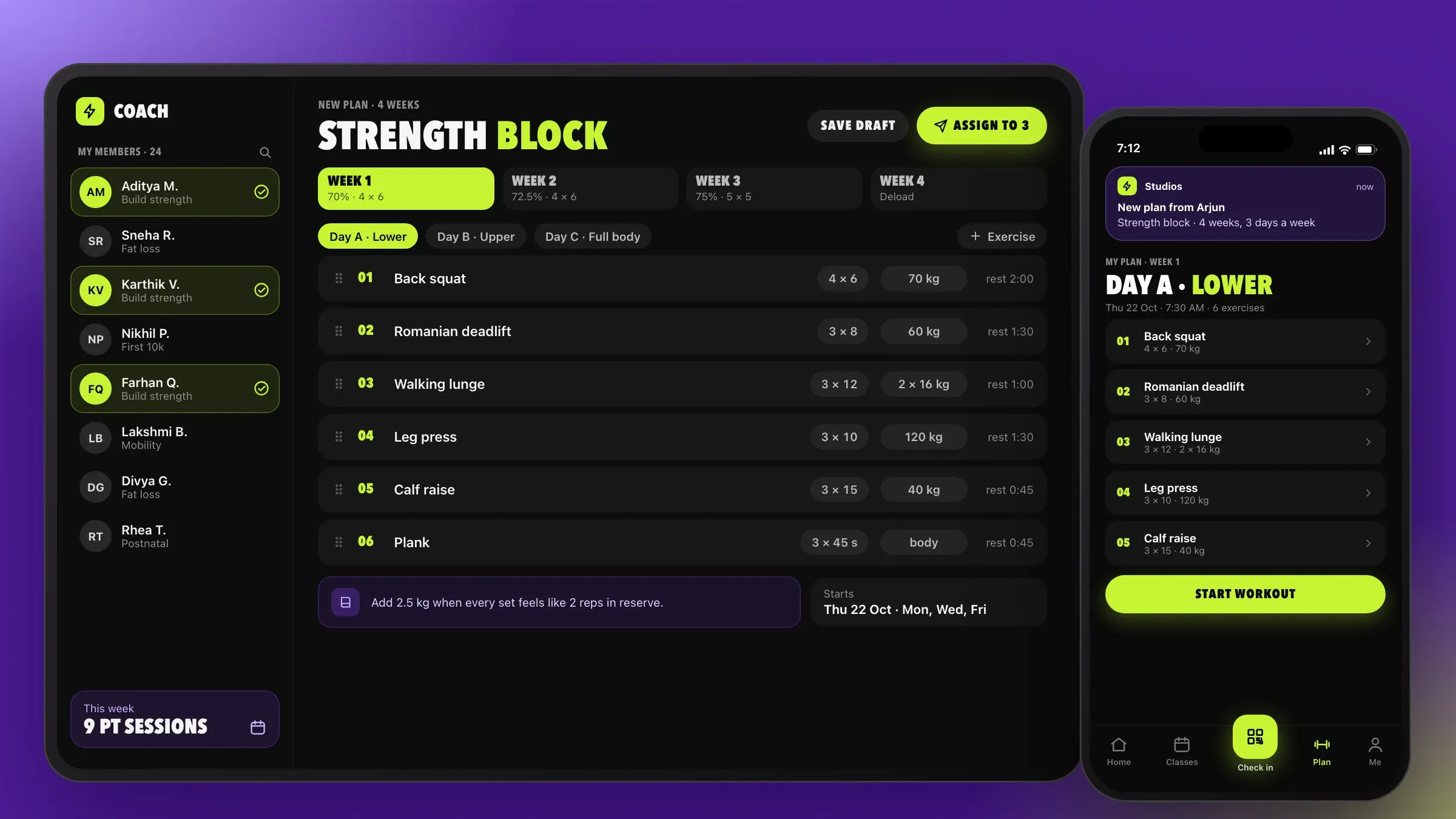 A trainer assigning a workout plan in the app, and the plan arriving on a member's phone